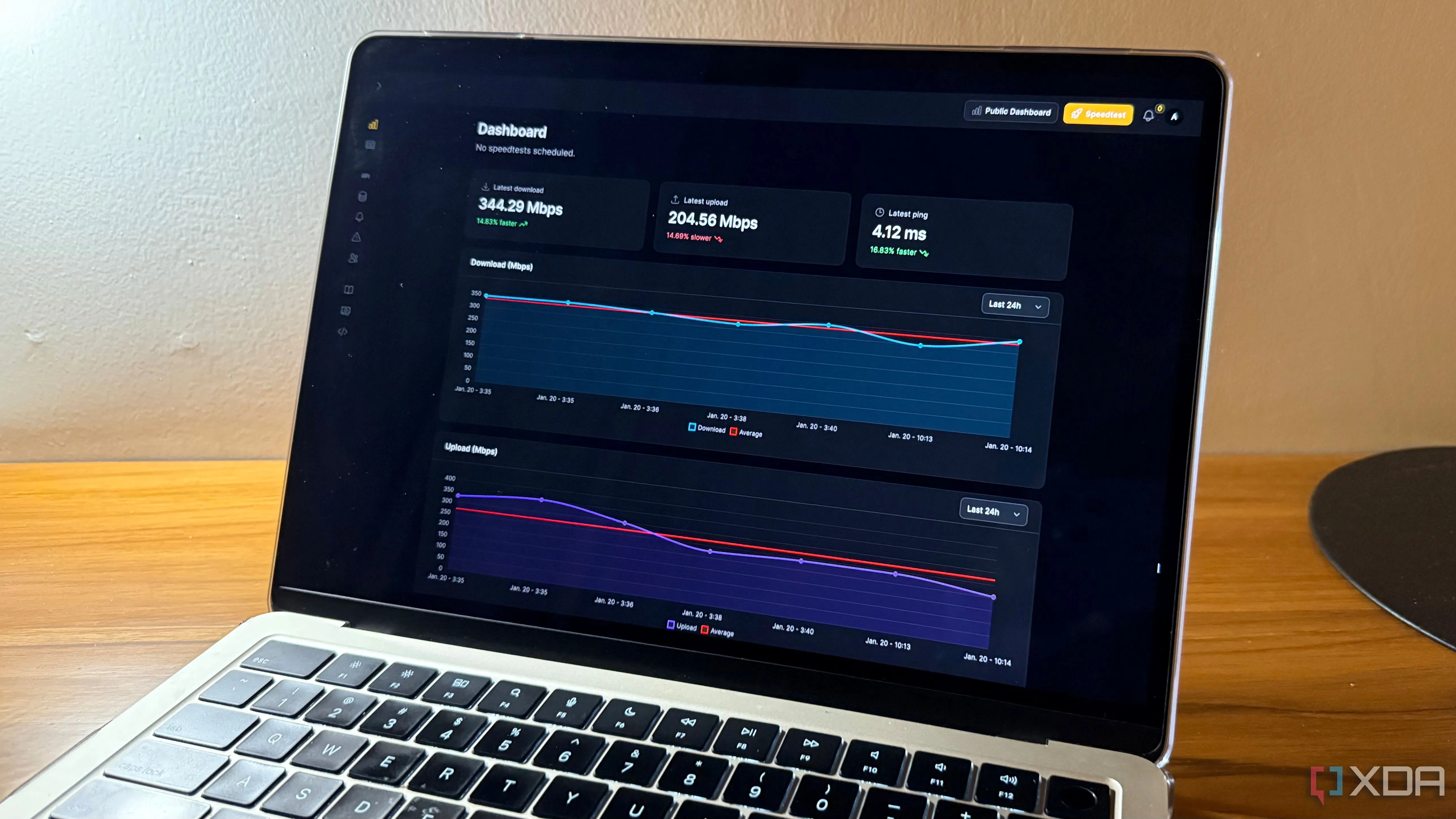 Màn hình MacBook hiển thị ứng dụng theo dõi tốc độ Internet Speedtest Tracker với biểu đồ băng thông tải xuống và tải lên.