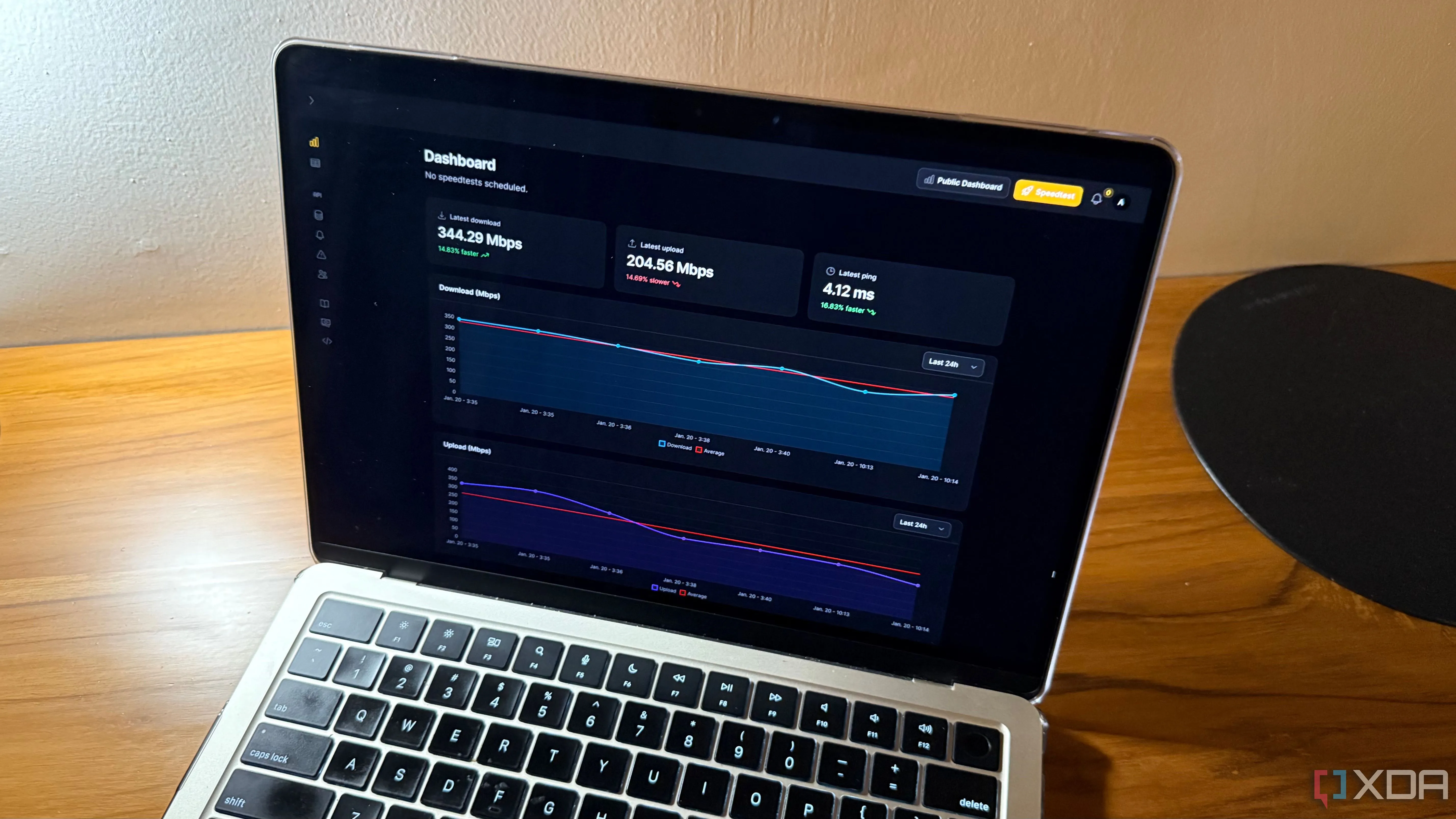 Màn hình máy Mac hiển thị chi tiết kết quả kiểm tra tốc độ internet từ Speedtest Tracker, bao gồm tải xuống, tải lên và ping