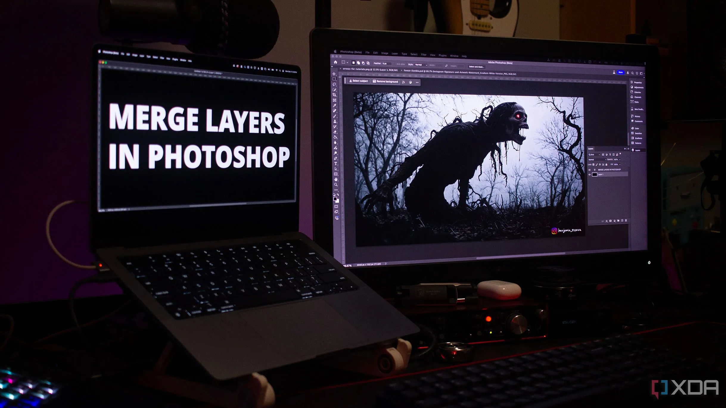 Màn hình máy tính hiển thị giao diện Adobe Photoshop với các lớp layer và công cụ ghép ảnh