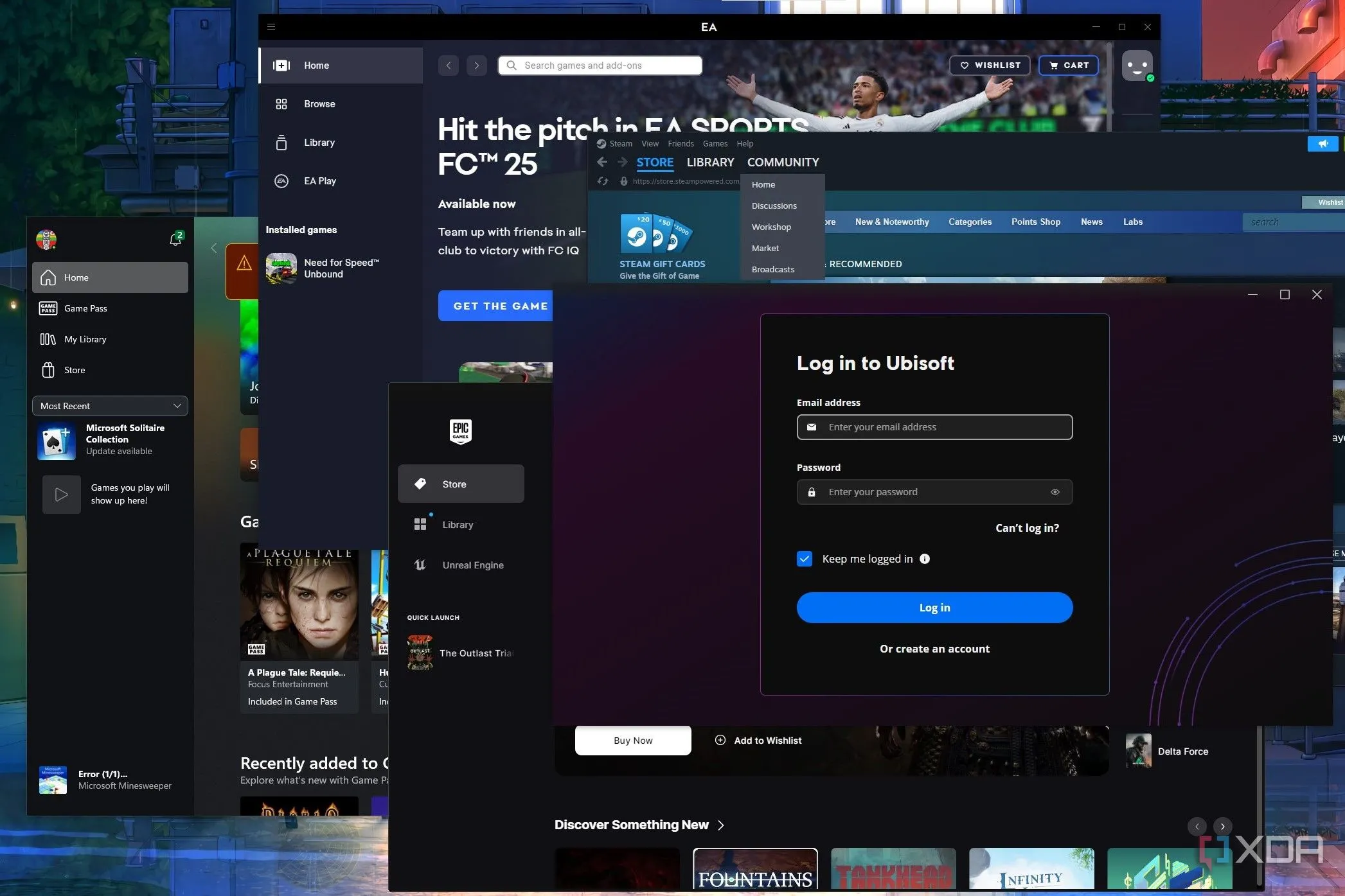 Màn hình máy tính Windows với nhiều launcher game như Steam, Epic Games, Ubisoft Connect mở cùng lúc, gây phiền toái cho game thủ.