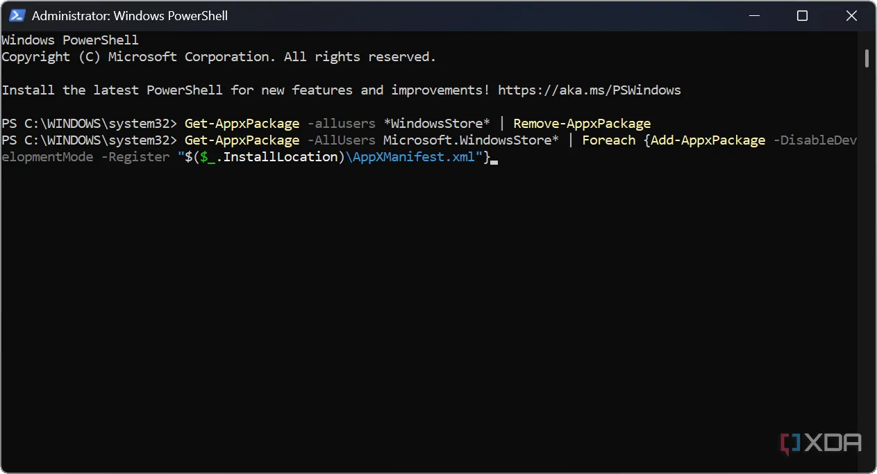 Màn hình minh họa cách gỡ cài đặt Microsoft Store khỏi Windows 11 bằng PowerShell.