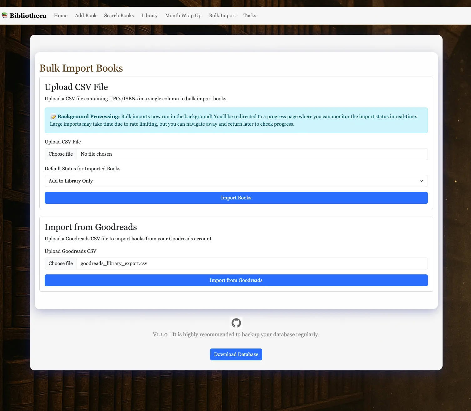 Màn hình nhập dữ liệu CSV từ Goodreads vào Bibliotheca để chuyển đổi thư viện