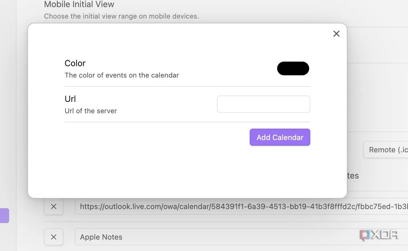 Màn hình nhập thông tin lịch mới vào plugin Full Calendar của Obsidian, bao gồm màu sắc và liên kết ICS.