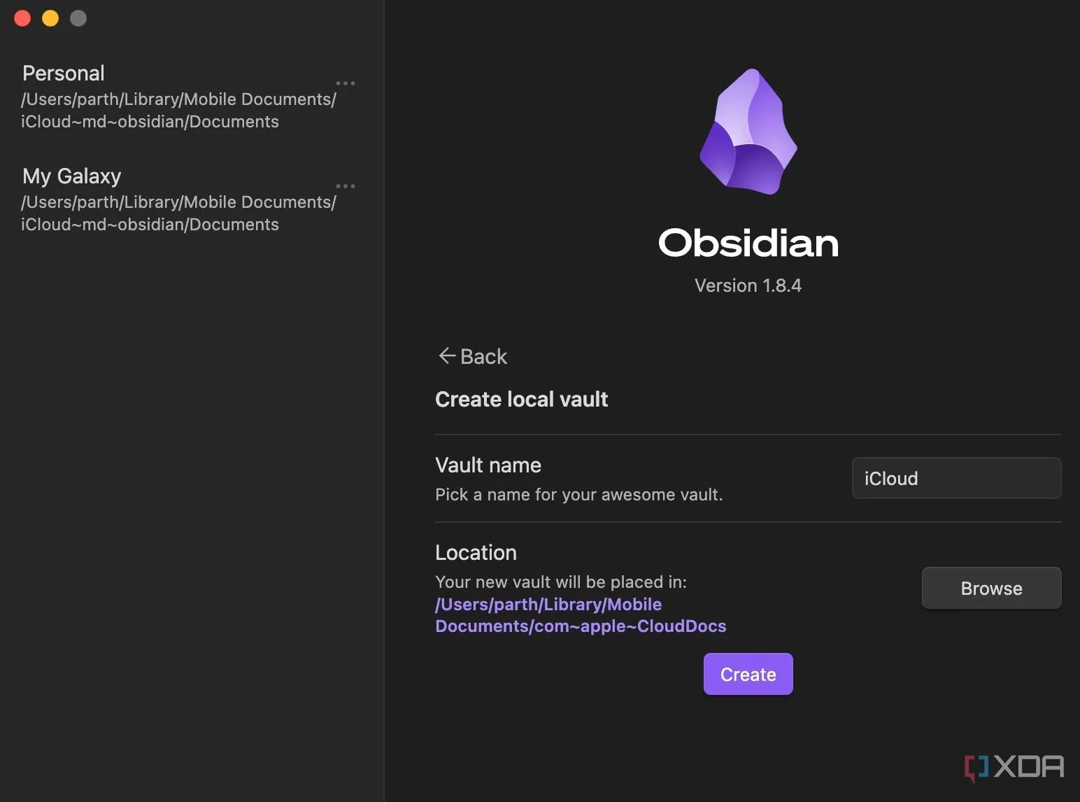 Màn hình Obsidian với thư mục iCloud được chọn để đồng bộ dữ liệu