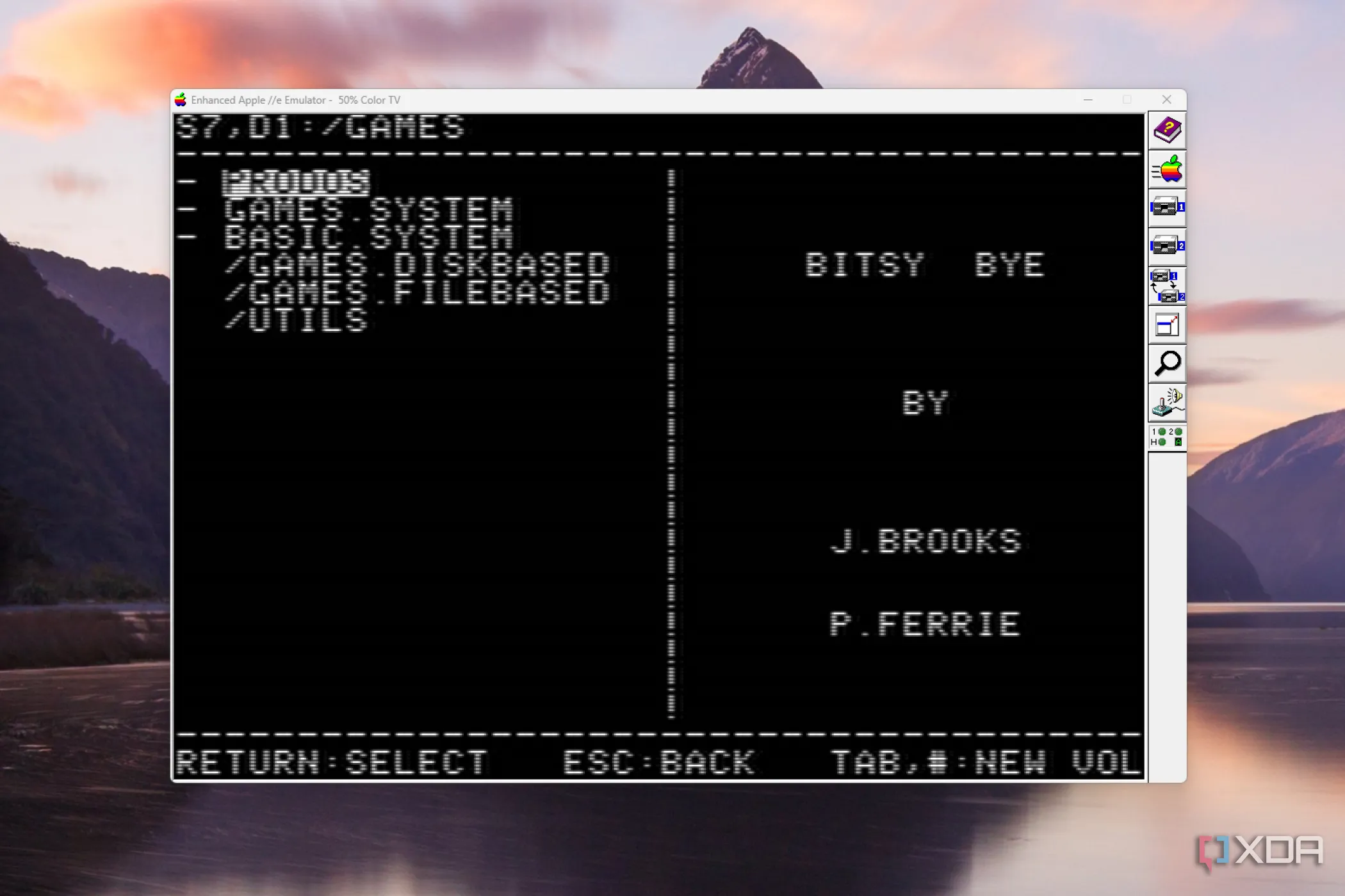 Màn hình ProDOS với trình khởi chạy chương trình Bitsy Bye trong giả lập Apple II, thể hiện giao diện hệ điều hành cổ điển