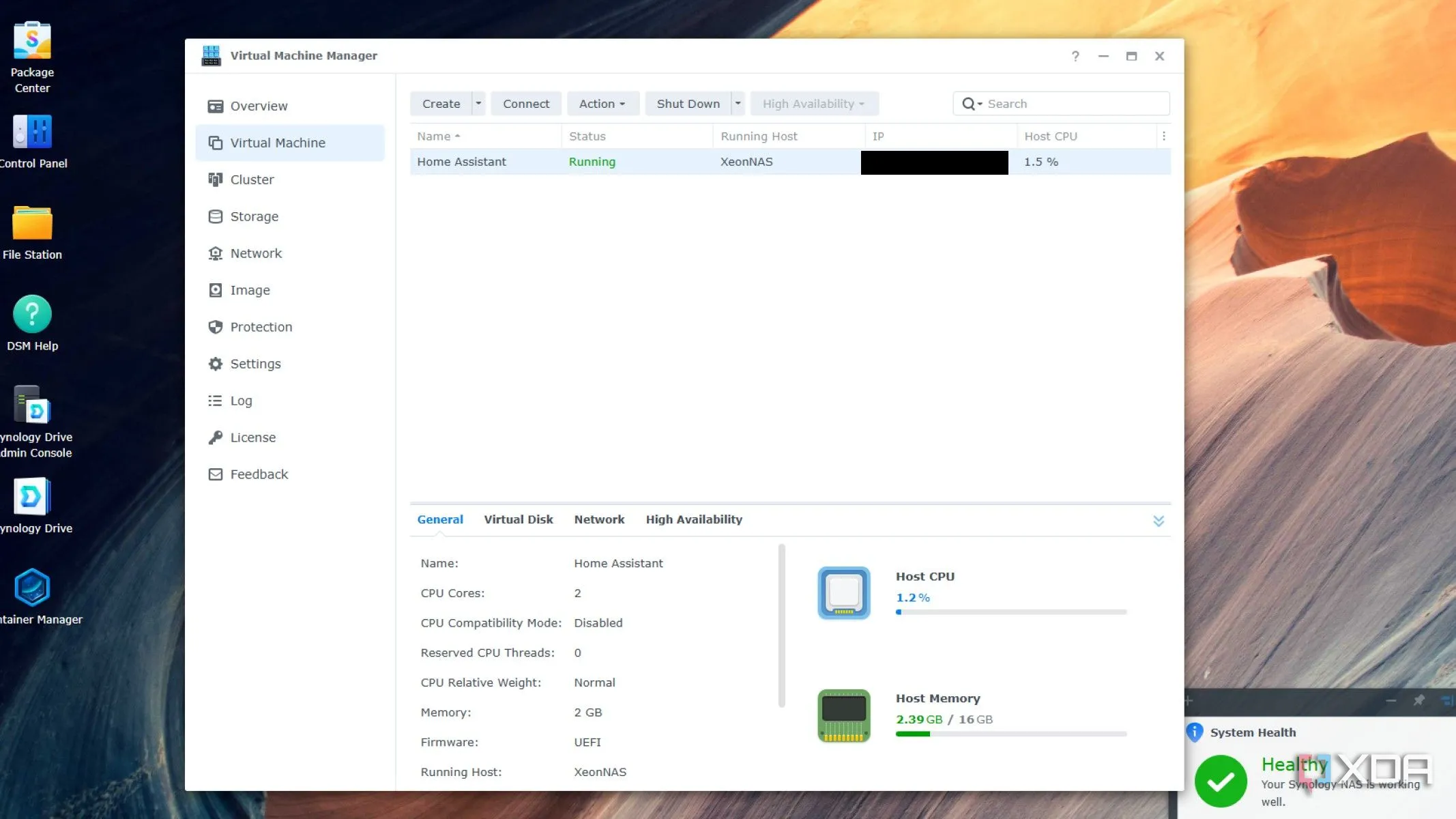 Màn hình quản lý máy ảo Synology DSM 7, hiển thị Home Assistant OS đang chạy, minh họa phương pháp cài đặt tối ưu