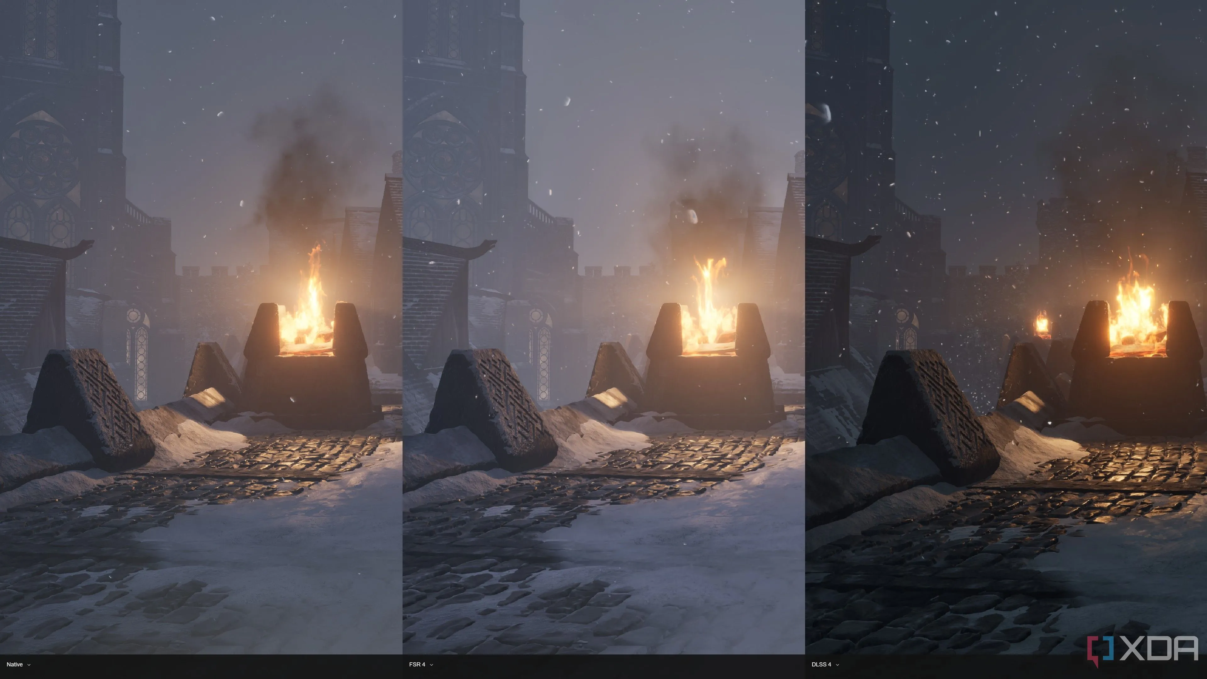Màn hình so sánh hình ảnh FSR 4, DLSS 4 và Native trong The Elder Scrolls IV: Oblivion Remastered