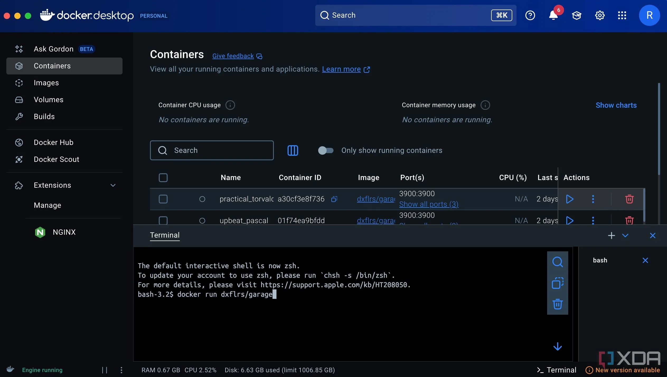 Màn hình terminal hiển thị lệnh docker run để tạo và khởi chạy container.