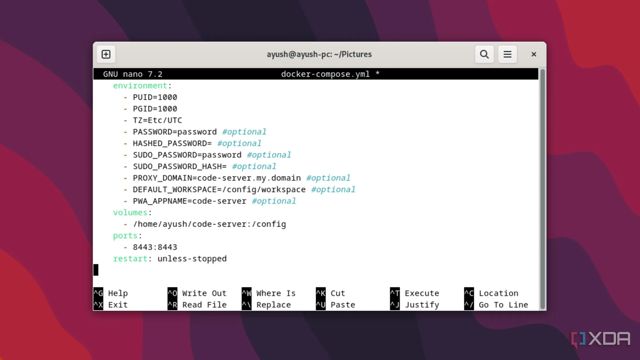 Màn hình terminal hiển thị lệnh tạo tệp docker-compose.yml để triển khai Code-Server dưới dạng container