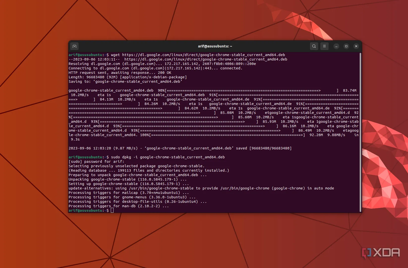 Màn hình terminal trên Ubuntu với mã lệnh cài đặt Chrome, minh họa việc học lệnh Linux
