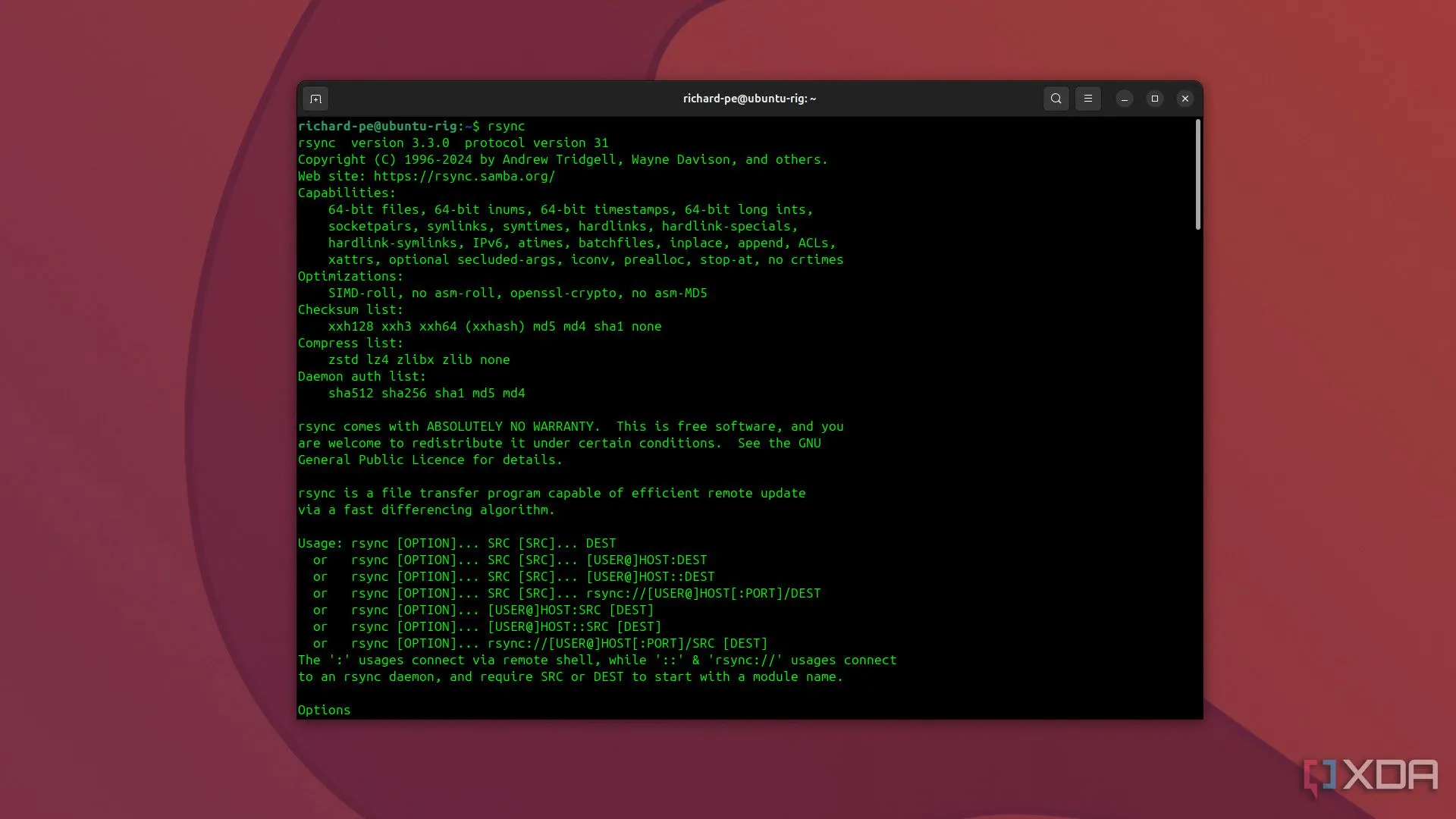 Màn hình Terminal Ubuntu 24.10 hiển thị lệnh Rsync, minh họa sao lưu và đồng bộ dữ liệu hiệu quả