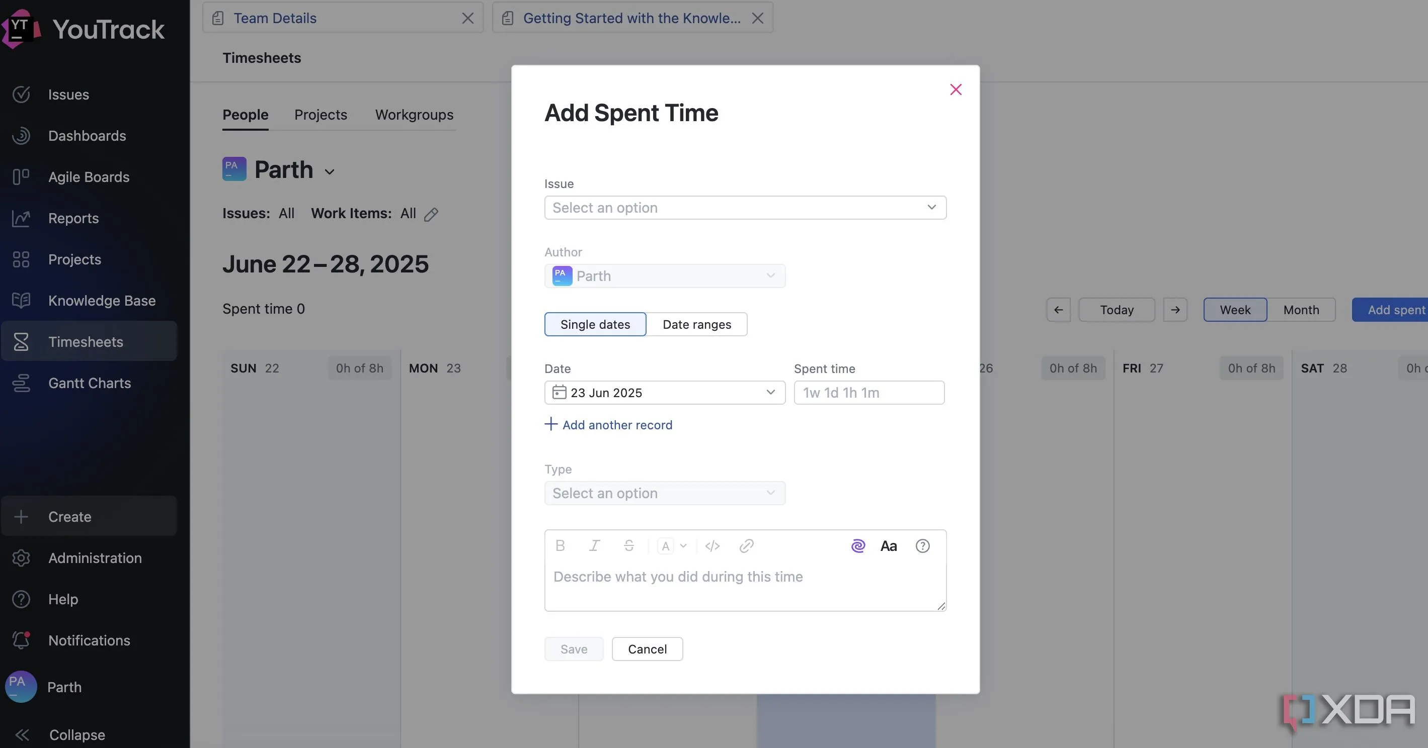Màn hình theo dõi và ghi lại thời gian làm việc (Timesheets) trên YouTrack, hiển thị chi tiết các giờ đã dành cho tác vụ