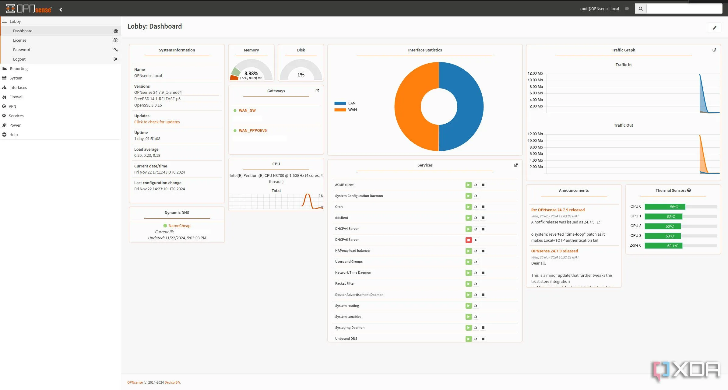 Màn hình tổng quan (dashboard) của OPNsense, thể hiện khả năng quản lý toàn diện