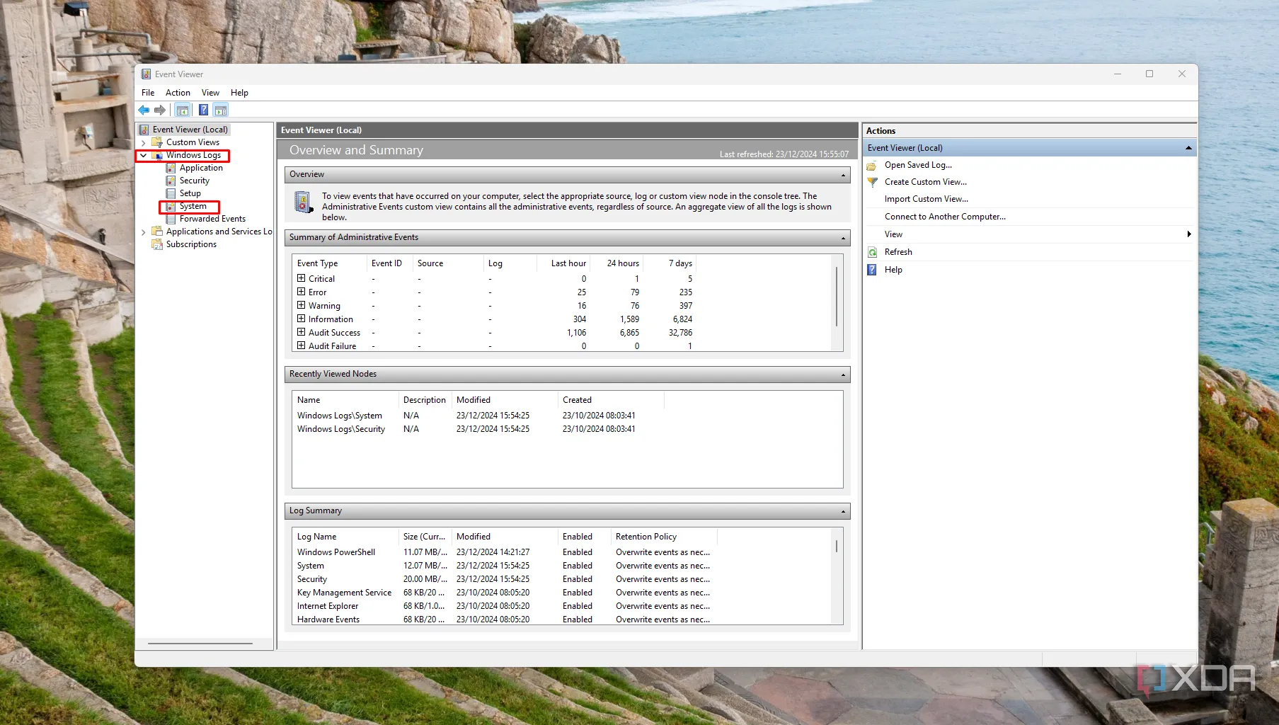 Màn hình Trình xem sự kiện (Event Viewer) hiển thị các nhật ký hệ thống Windows, giúp chẩn đoán lỗi