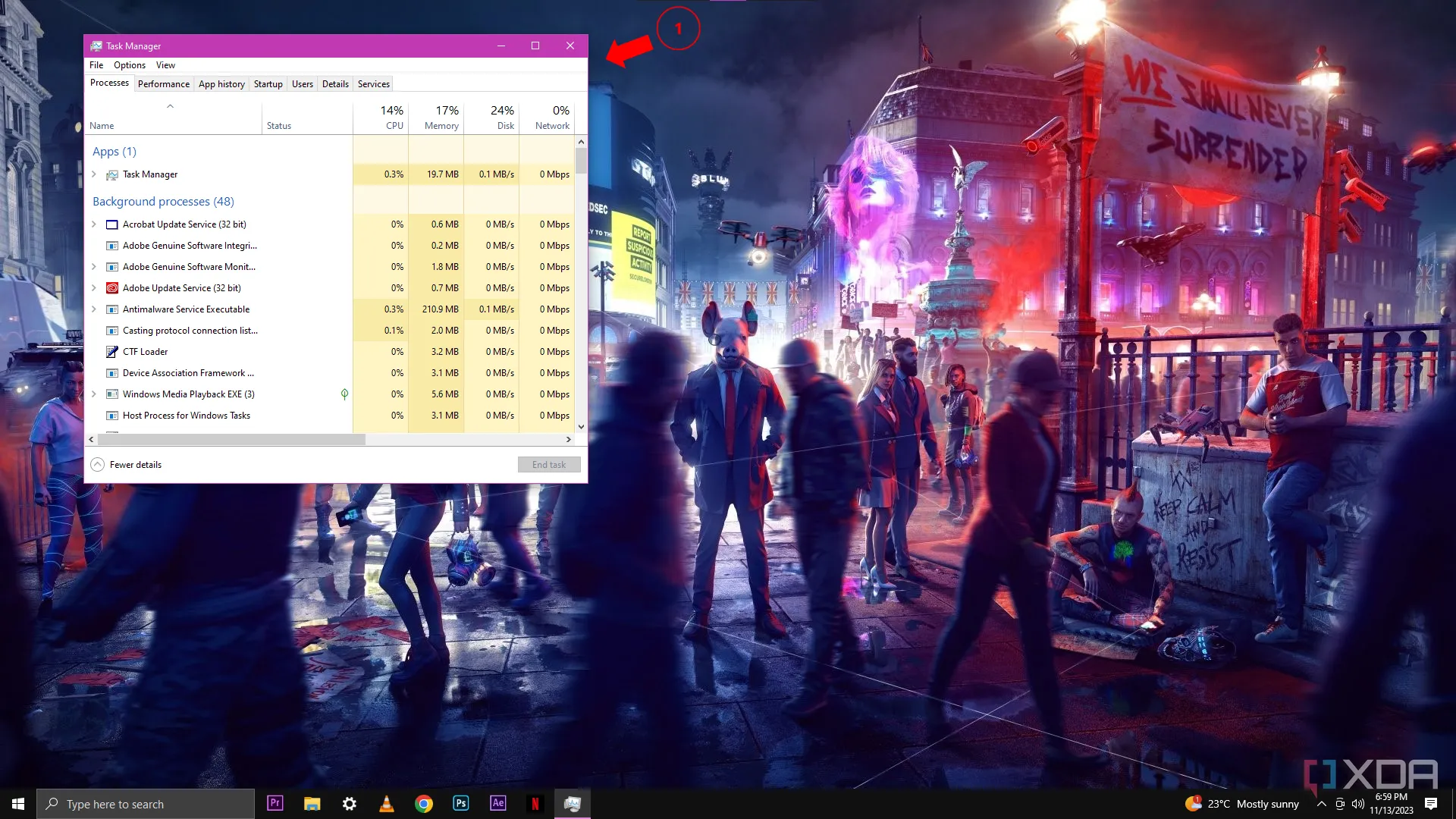 Màn hình Windows 10 với Task Manager mở tab Processes