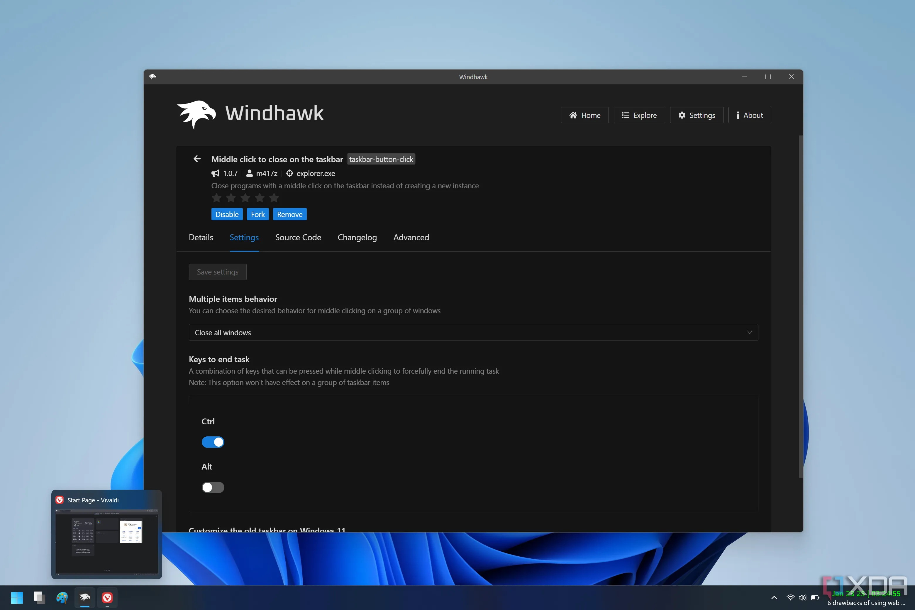 Màn hình Windows 11 chạy Windhawk với mod đóng ứng dụng trên thanh tác vụ bằng chuột giữa