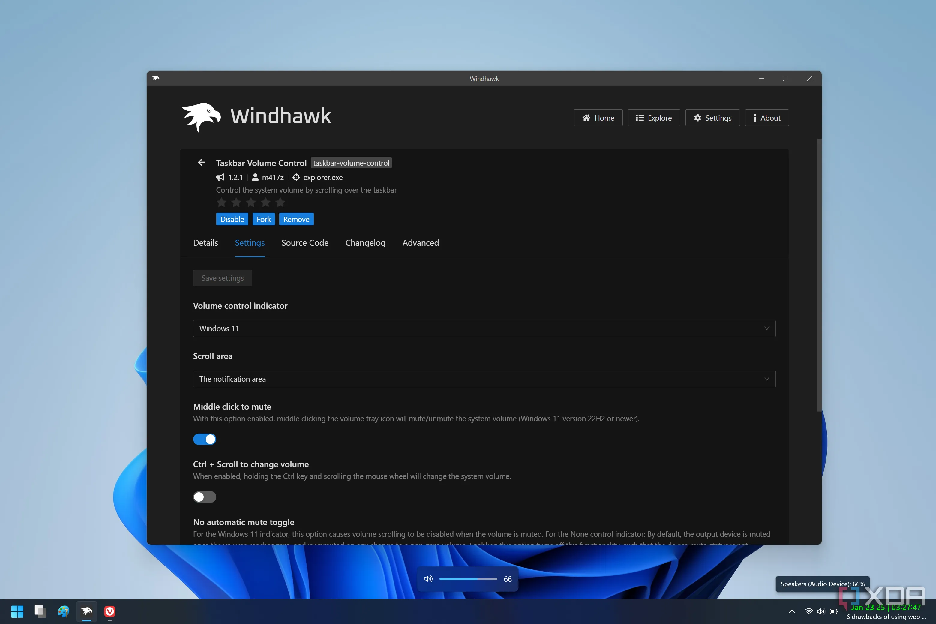 Màn hình Windows 11 điều chỉnh âm lượng bằng cách cuộn chuột trên thanh tác vụ