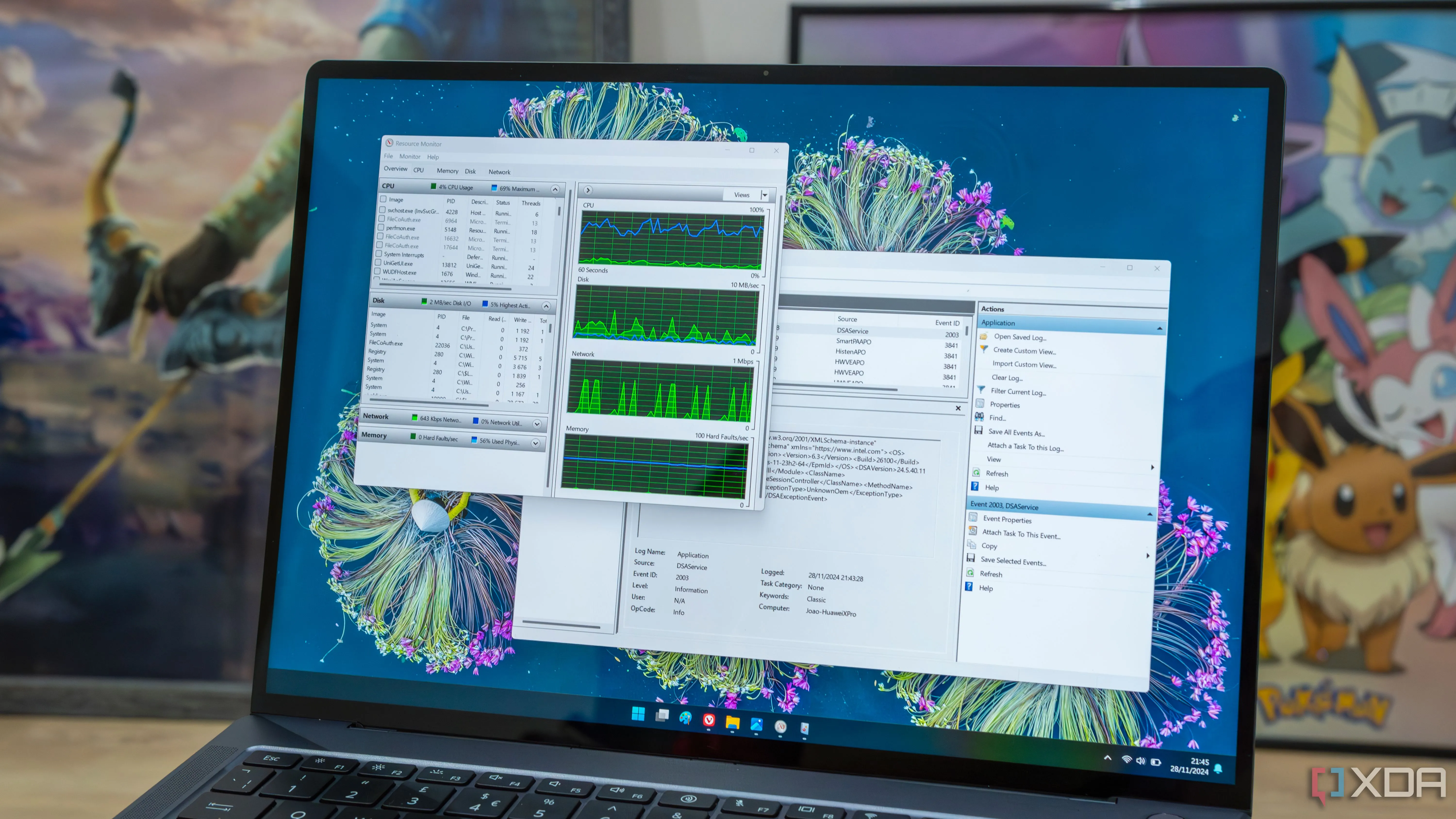 Màn hình Windows 11 hiển thị Công cụ Giám sát Tài nguyên (Resource Monitor) và Trình xem Sự kiện (Event Viewer)