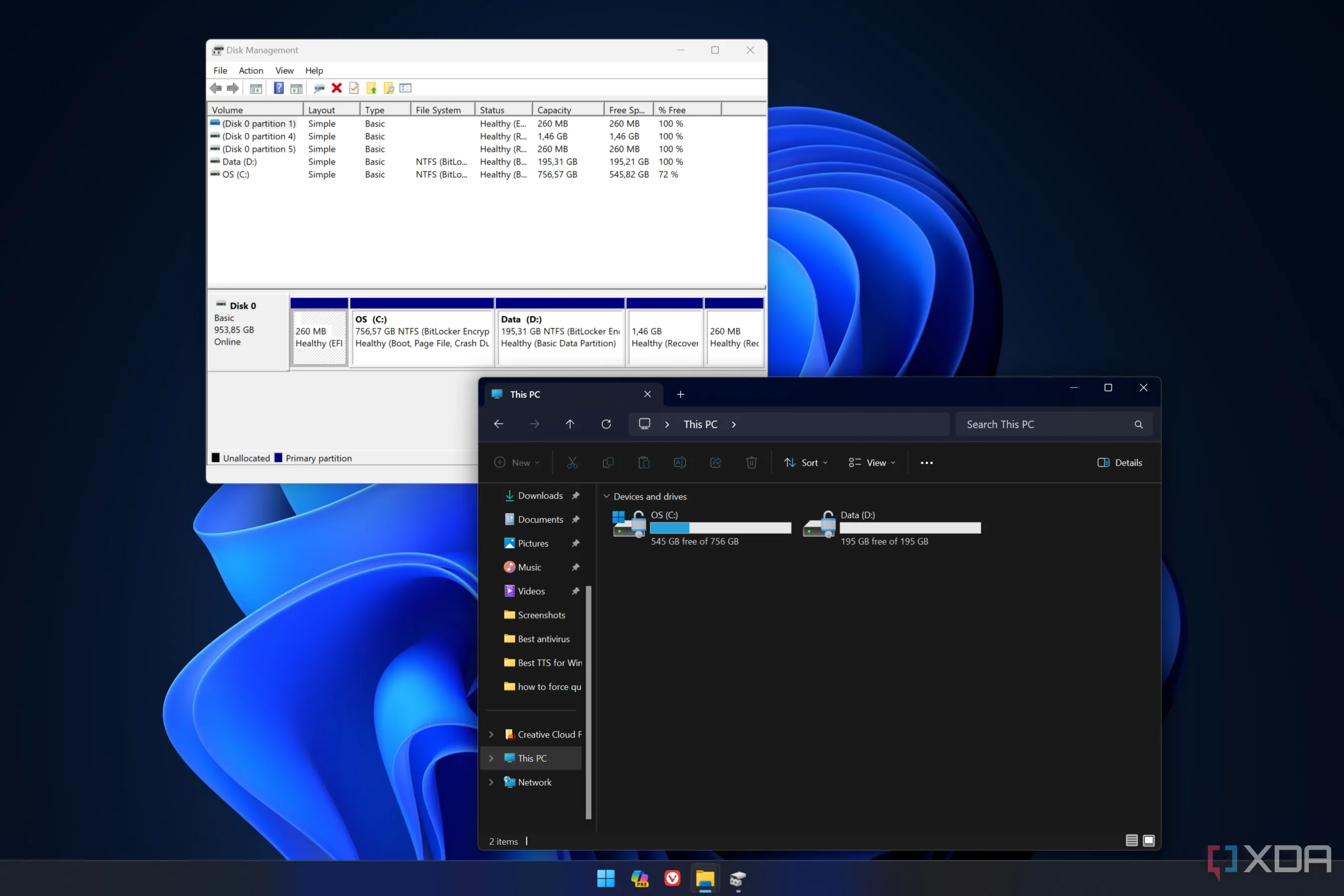 Màn hình Windows 11 hiển thị Disk Management và File Explorer, minh họa quản lý phân vùng ổ đĩa