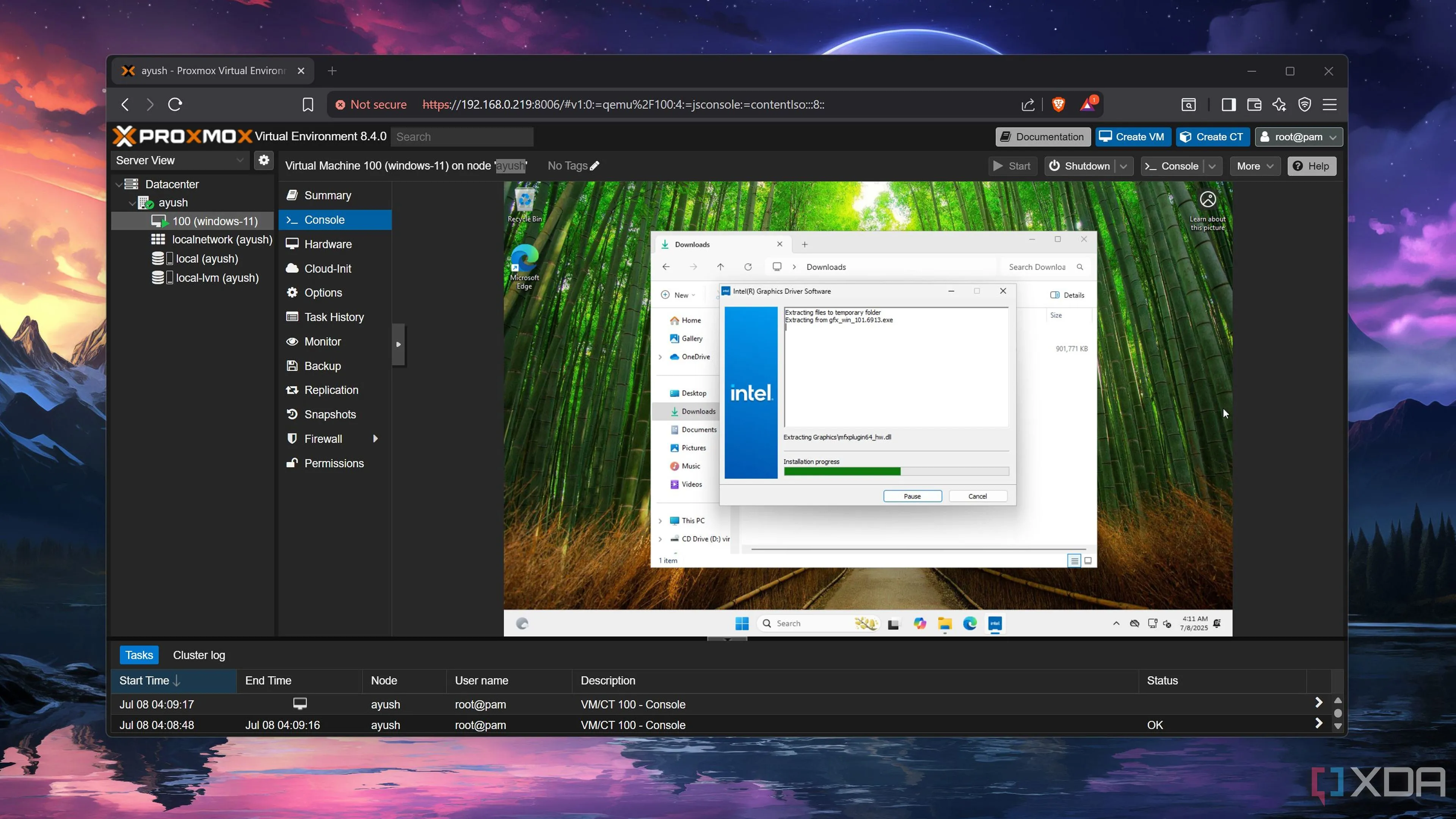Màn hình Windows 11 trong máy ảo Proxmox được truy cập thông qua giao diện QEMU
