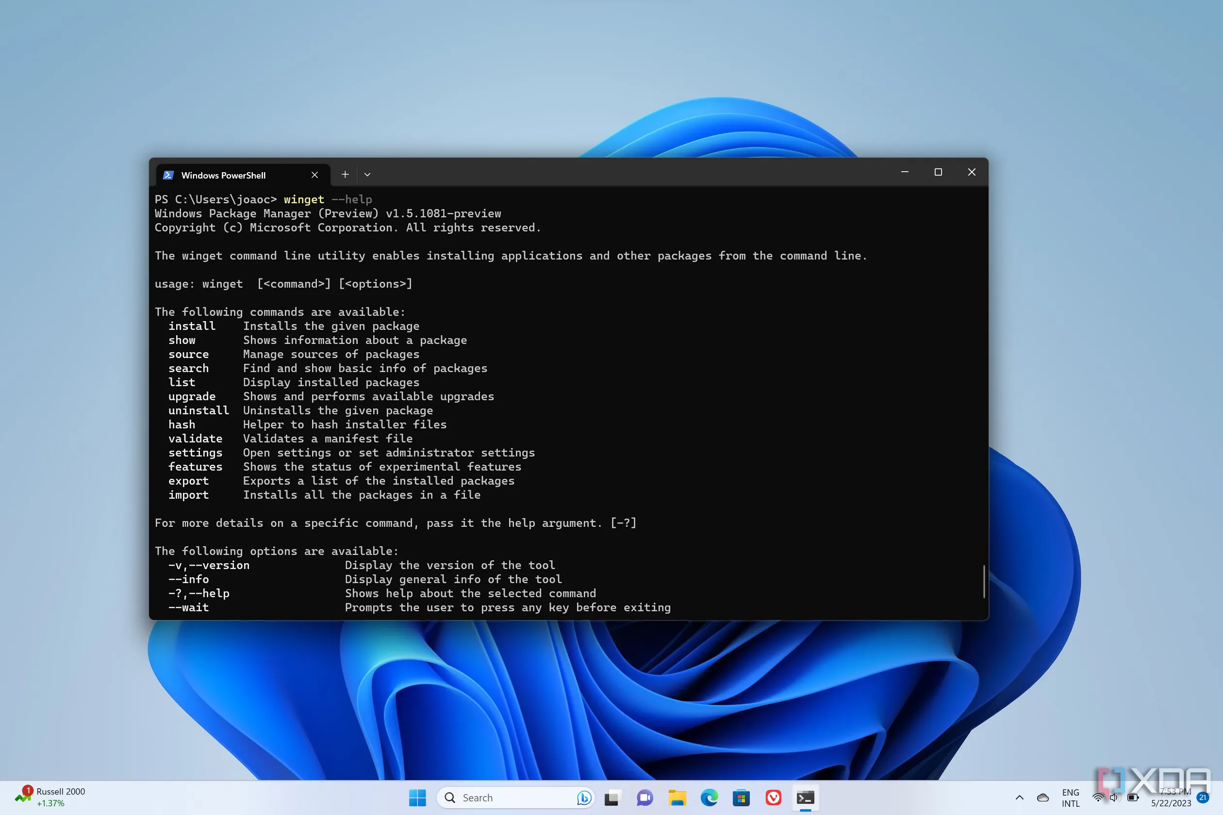 Màn hình Windows 11 với cửa sổ Windows Terminal hiển thị các lệnh Winget