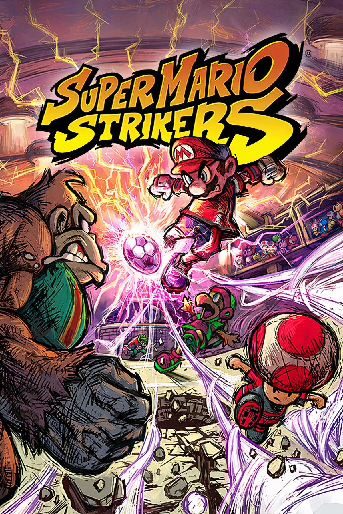 Mario cùng các nhân vật khác đang tham gia một trận đấu bóng đá căng thẳng trong Super Mario Strikers trên Nintendo GameCube, nổi bật với phong cách mạnh mẽ.