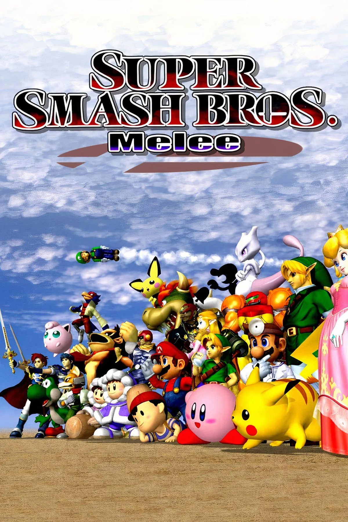 Mario cùng các nhân vật Nintendo khác đang tham gia trận chiến hỗn loạn trong Super Smash Bros. Melee, một game đối kháng kinh điển trên GameCube.