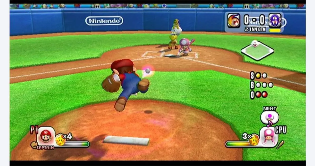 Mario đang thực hiện cú ném bóng trong game Mario Super Sluggers, gợi nhớ về series Mario Baseball cần được tái xuất trên Nintendo Switch 2.