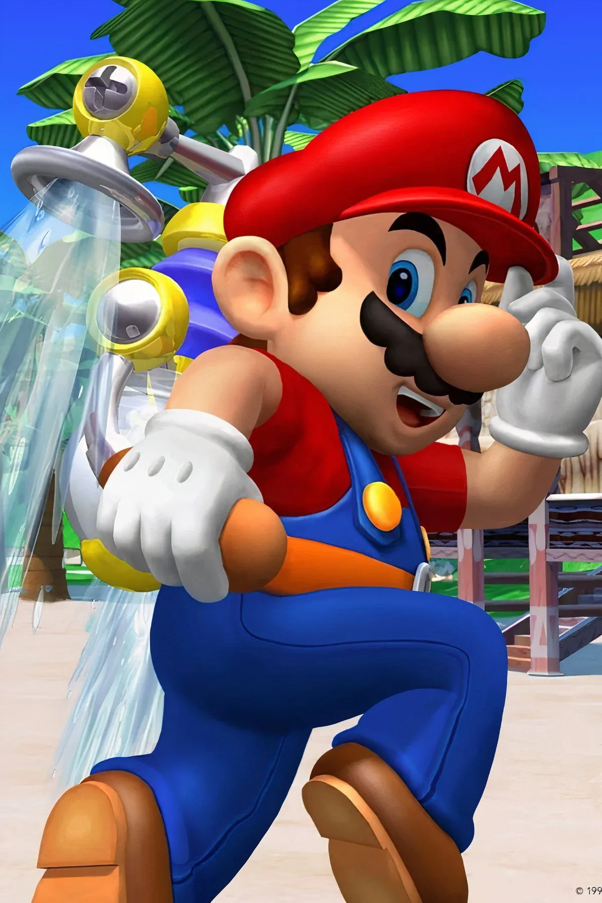 Mario sử dụng thiết bị FLUDD để phun nước trong Super Mario Sunshine, khám phá hòn đảo Isle Delfino với phong cách đồ họa tươi sáng trên GameCube.