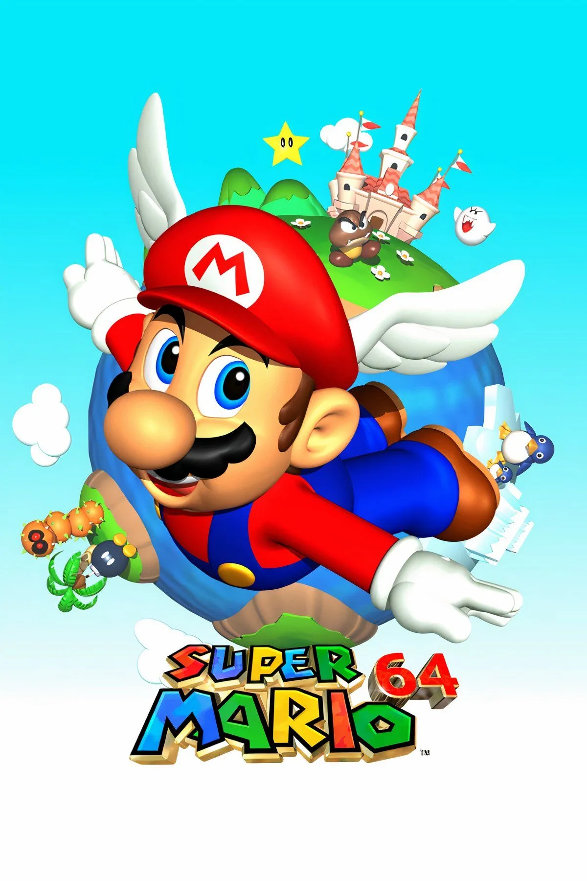 Mario thực hiện cú nhảy ba trong môi trường 3D của Super Mario 64 trên Nintendo 64