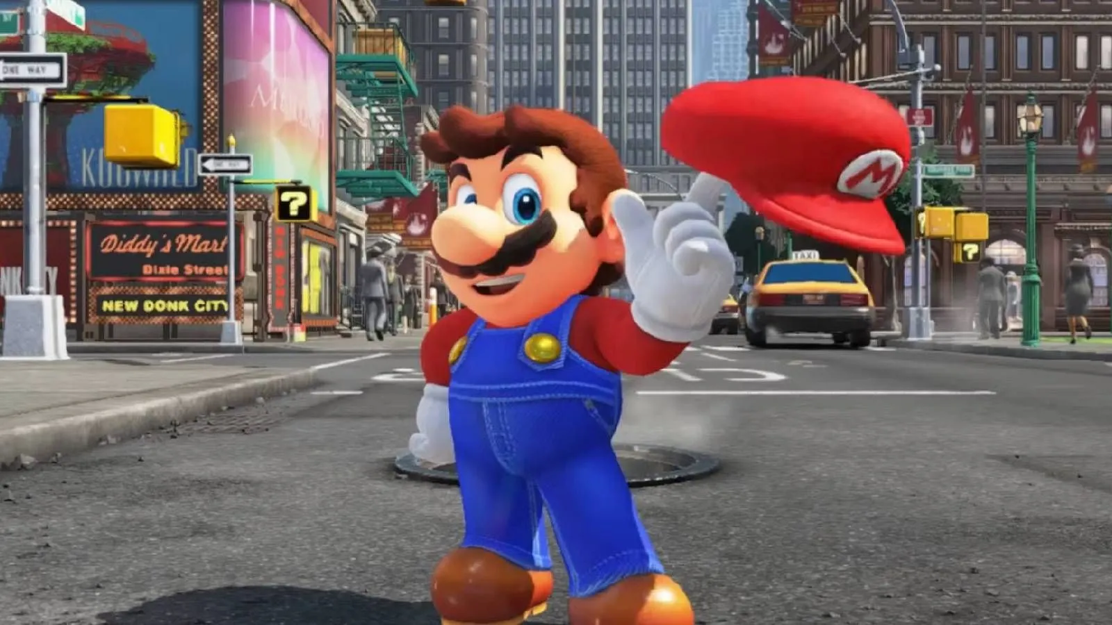 Mario và mũ Cappy từ Super Mario Odyssey tại thành phố New Donk