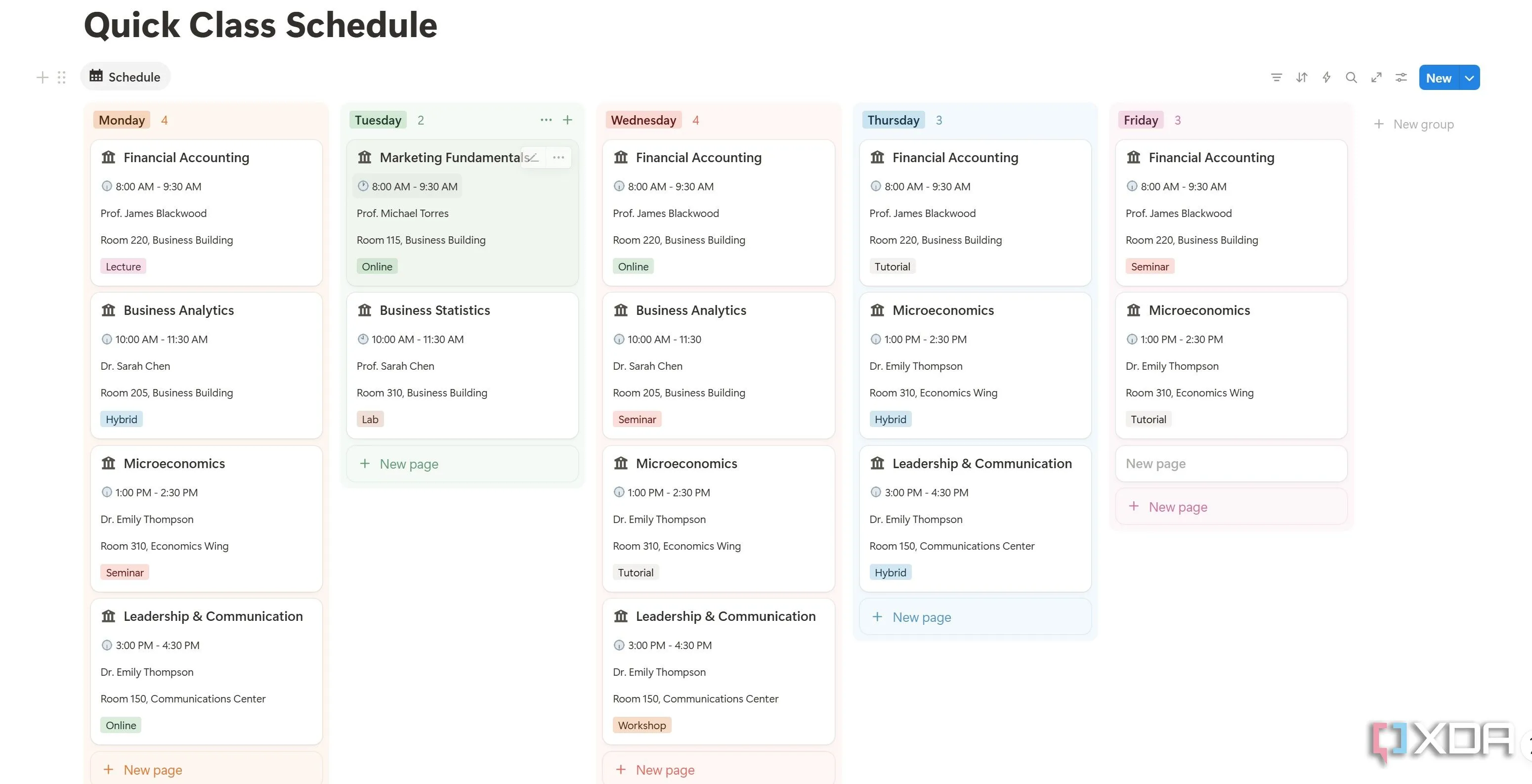 Mẫu lịch học nhanh Quick Class Schedule trong Notion hiển thị thời khóa biểu