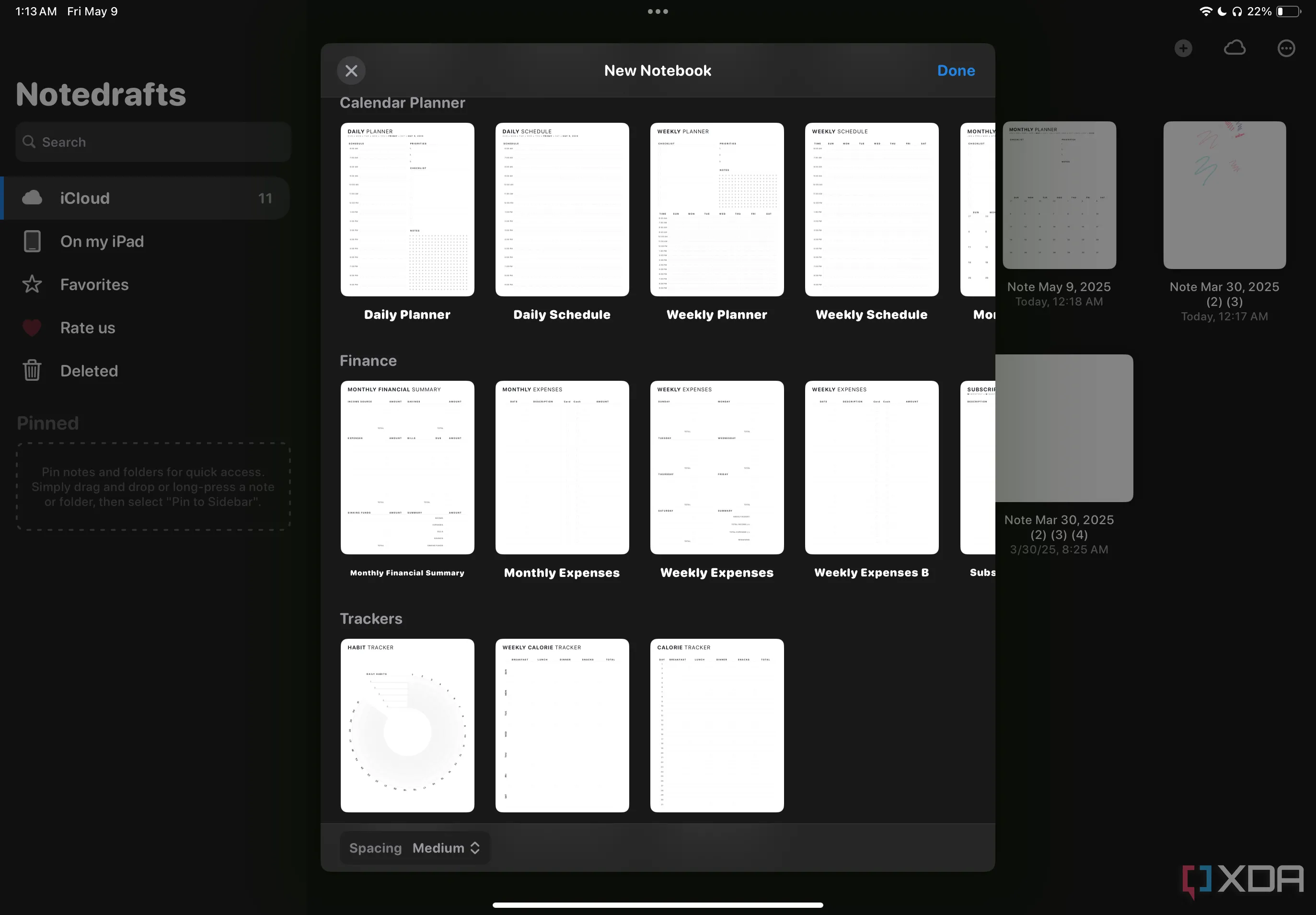 Mẫu lịch, tài chính và theo dõi thói quen đa dạng trong Notedrafts