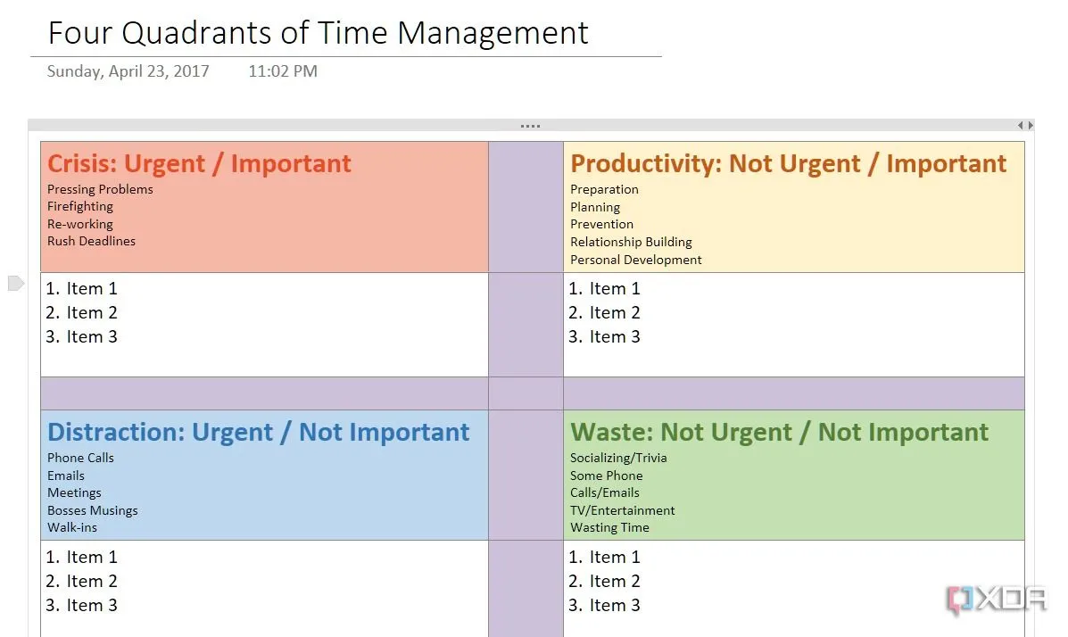 Mẫu quản lý thời gian trên OneNote minh họa sự thiếu nhất quán giữa các phiên bản