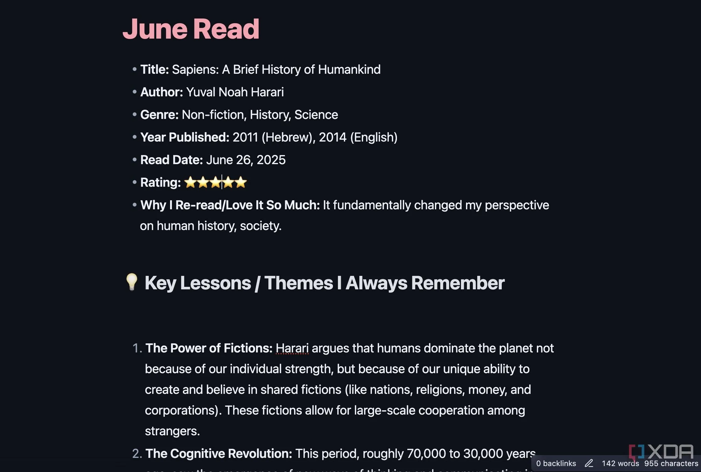Mẫu Template Book trong Obsidian với các trường thông tin như Title, Author, Genre, Rating và Lessons Learned
