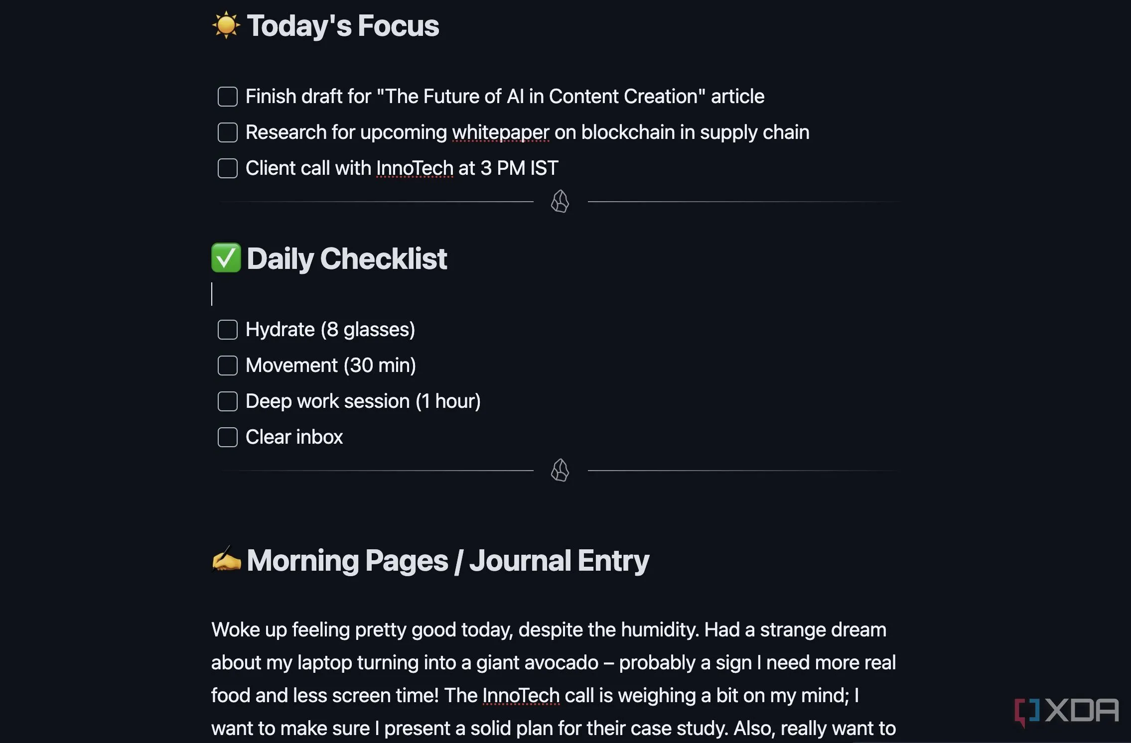 Mẫu Template Daily Note trong Obsidian hiển thị các mục Today's Focus, Checklist và Journal Entry