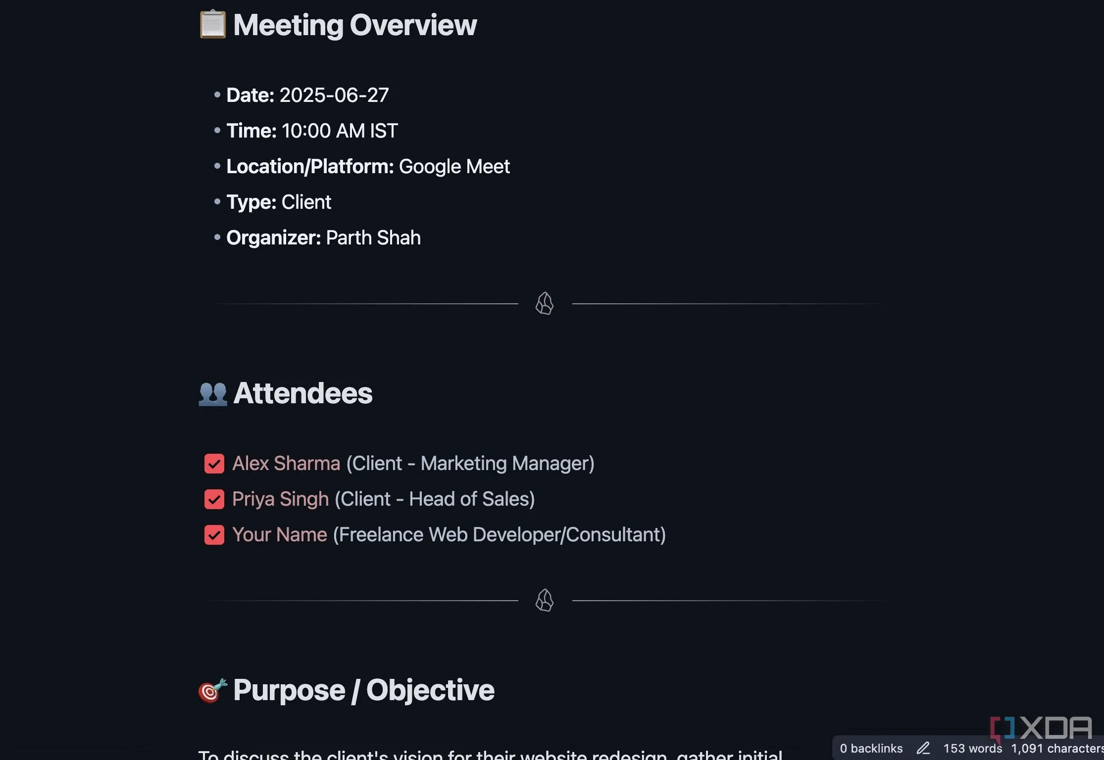 Mẫu Template Meeting Notes trong Obsidian với các phần Overview, Attendees, Purpose và Action Items