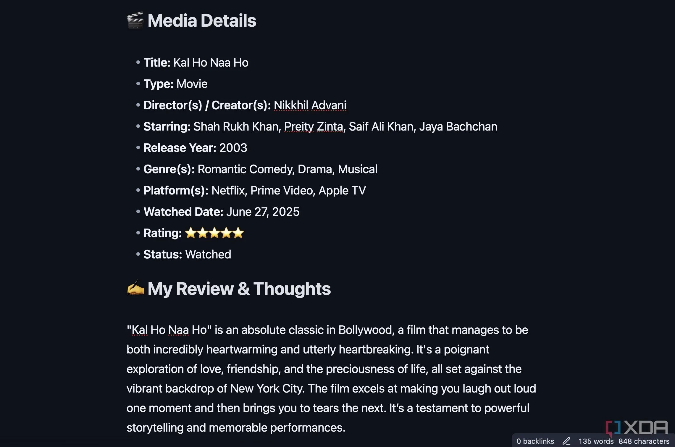 Mẫu Template Movie and Show Reviews trong Obsidian với các trường Title, Type, Rating và phần My Review and Thoughts