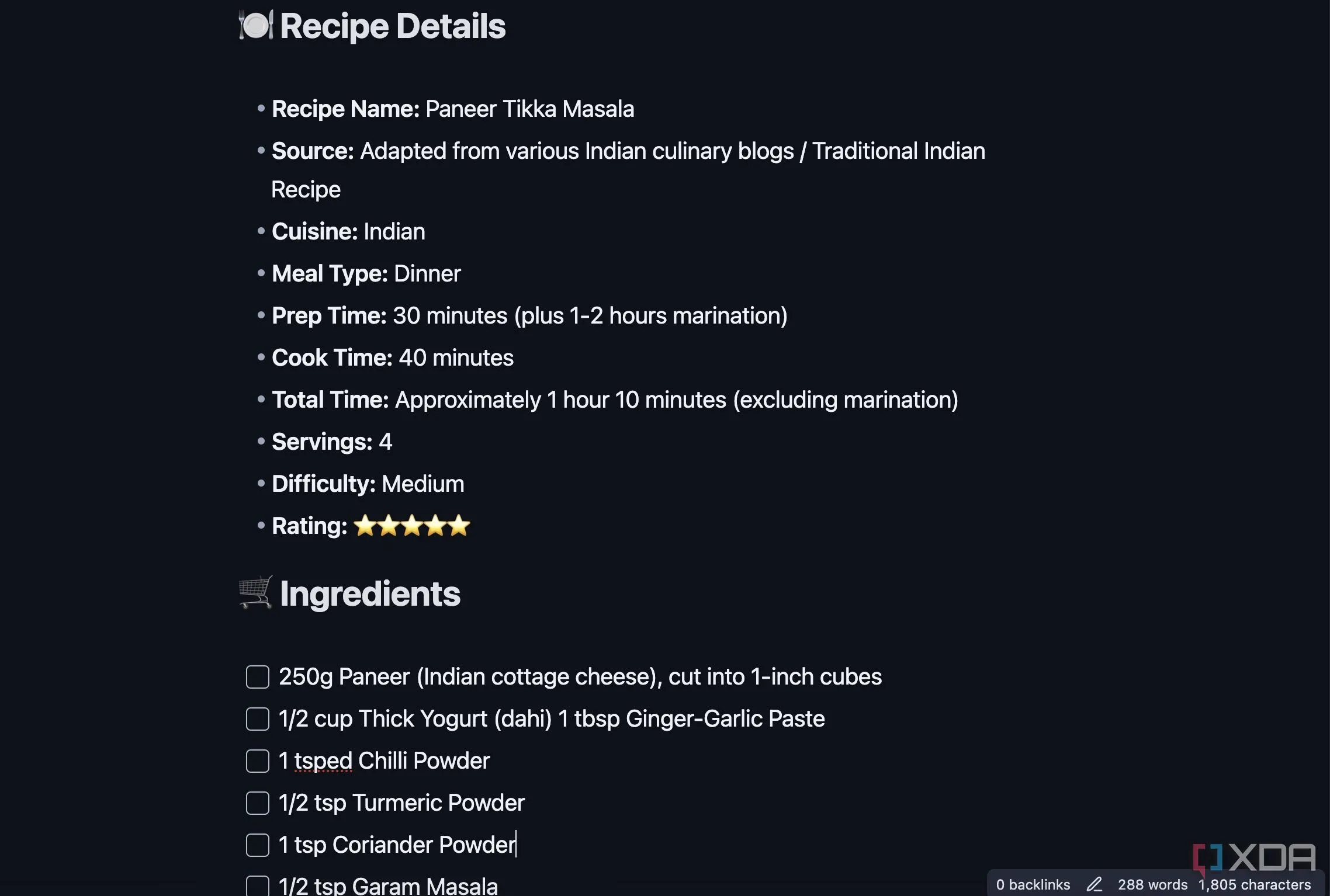 Mẫu Template Recipes trong Obsidian hiển thị các thông tin về món ăn, nguyên liệu và hướng dẫn chế biến
