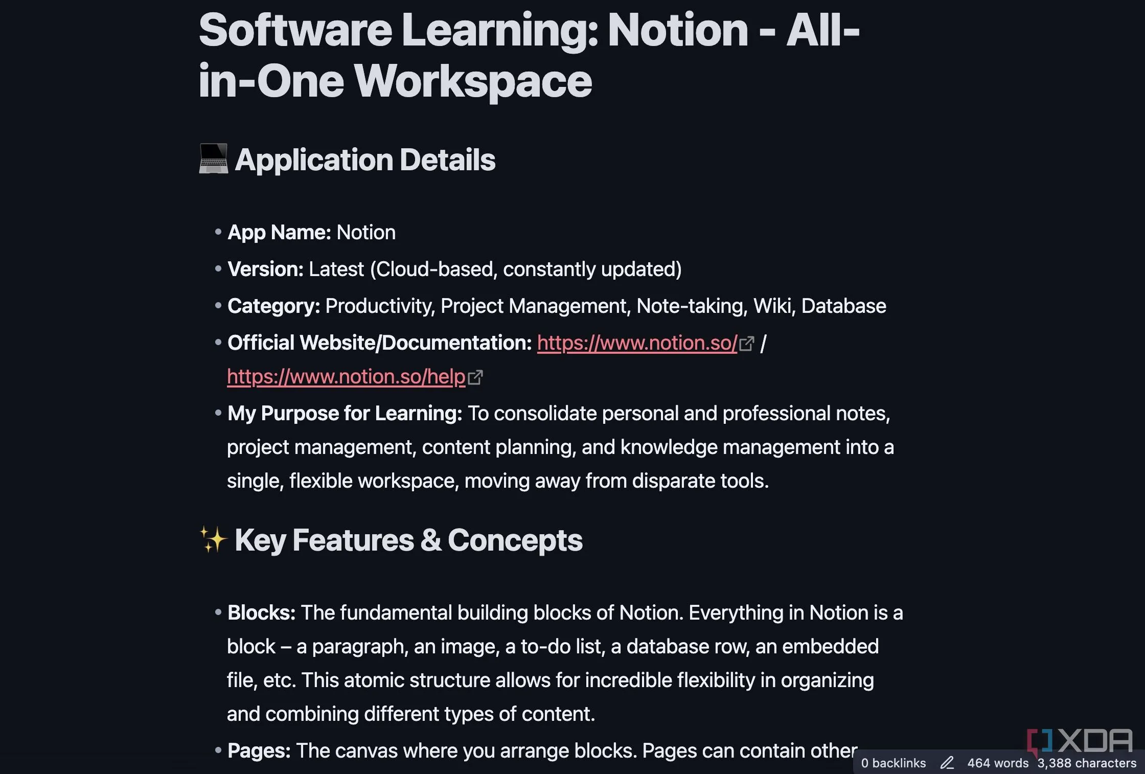 Mẫu Template Software Learning trong Obsidian bao gồm App Name, Key Features, Concepts và Commands