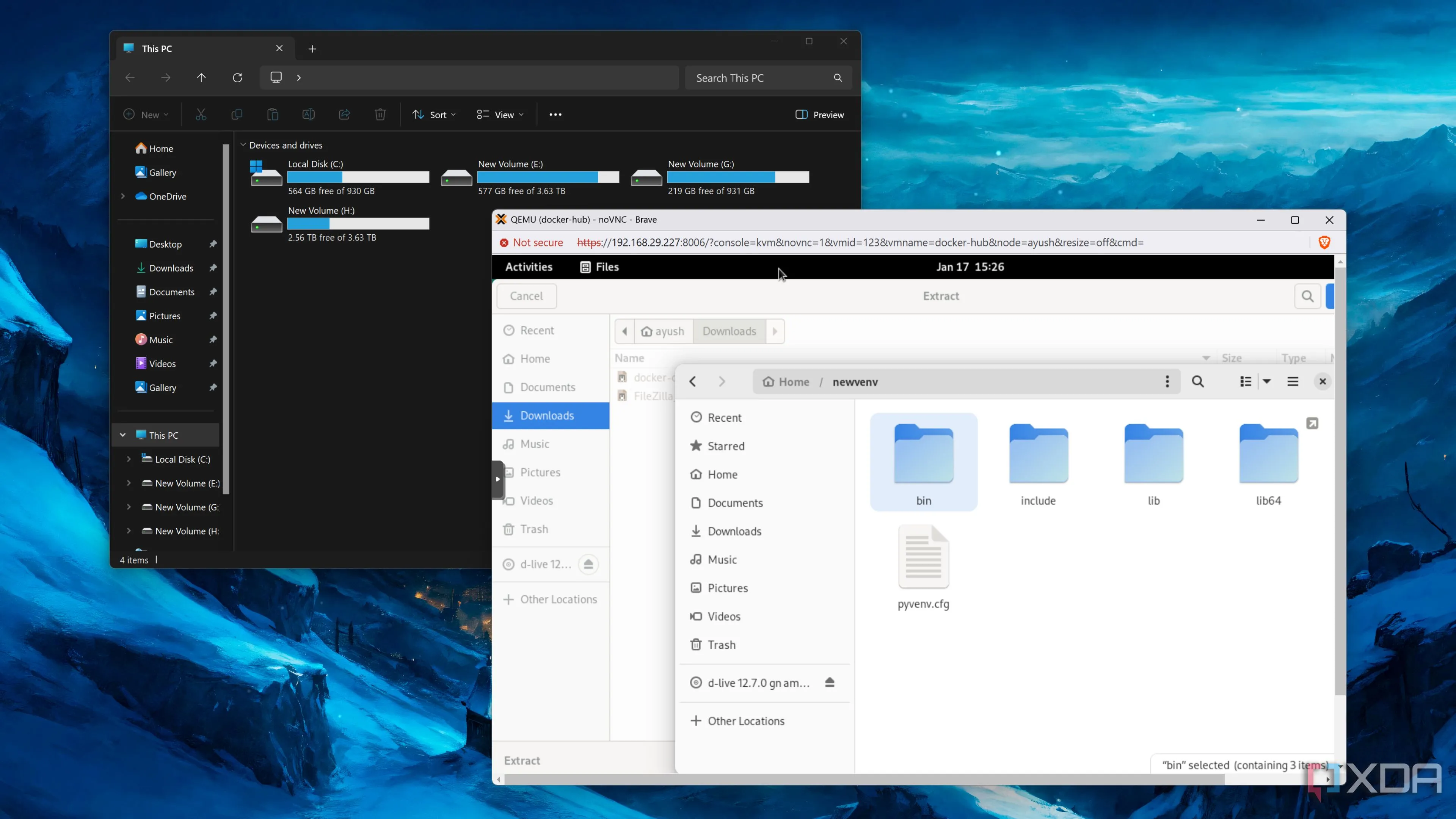 Máy ảo Debian chạy trên Proxmox cùng với File Explorer của Windows 11, thể hiện khả năng cộng tác và chia sẻ file đa nền tảng