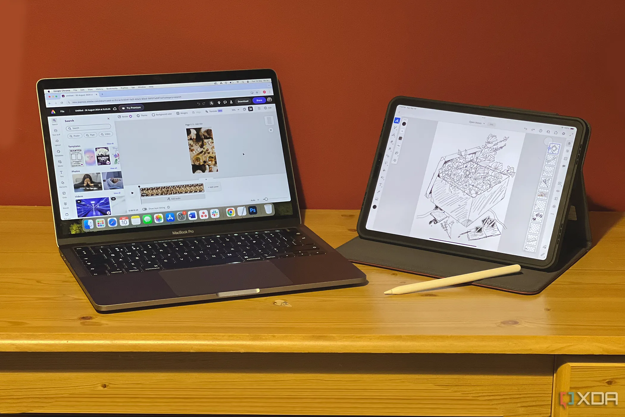 Máy tính MacBook chạy Adobe Express cạnh iPad hiển thị Adobe Fresco