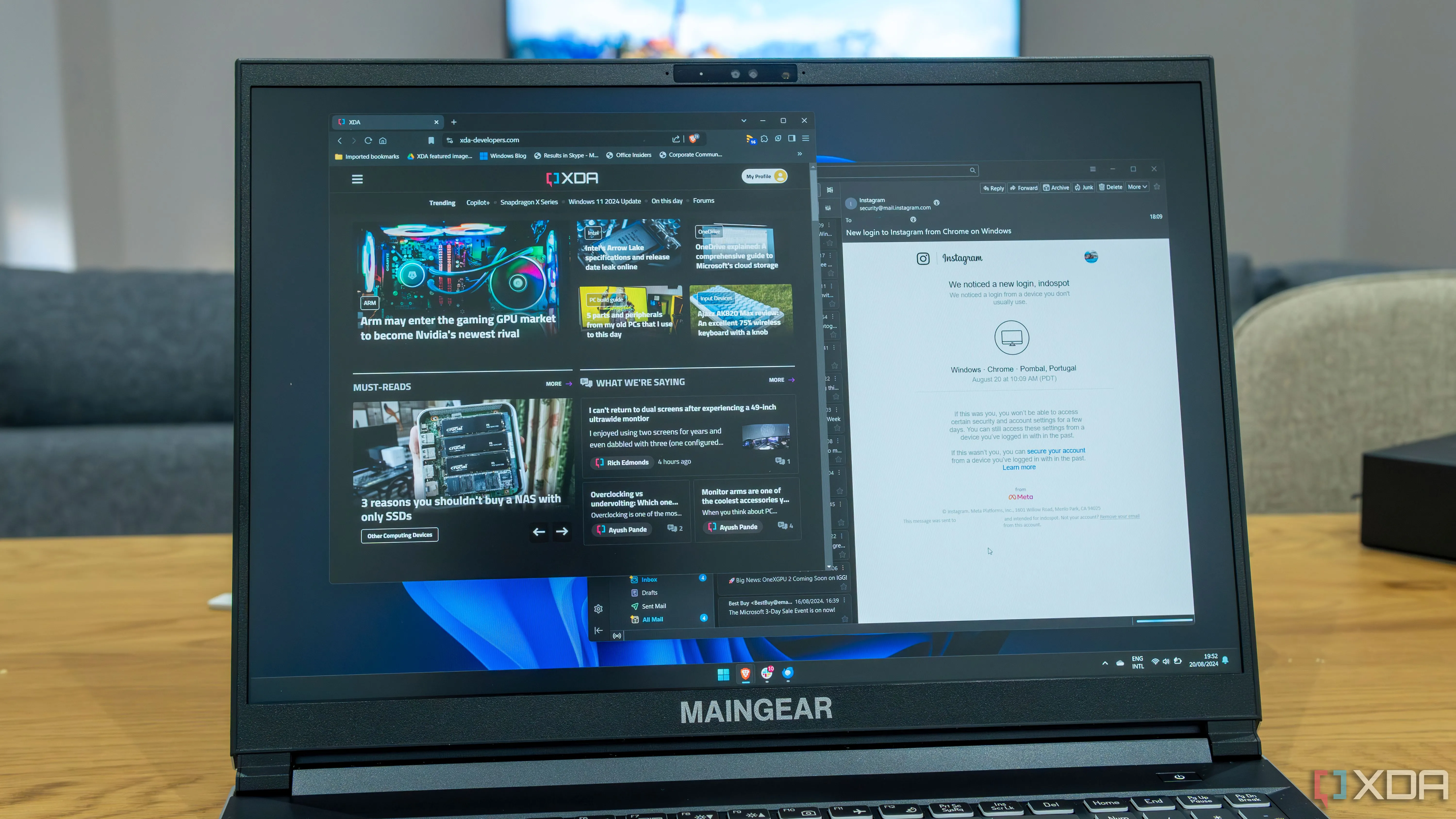Máy tính xách tay chạy Windows 11 hiển thị các ứng dụng như trình duyệt Brave và Mozilla Thunderbird, tượng trưng cho đa dạng công cụ làm việc và giải trí.