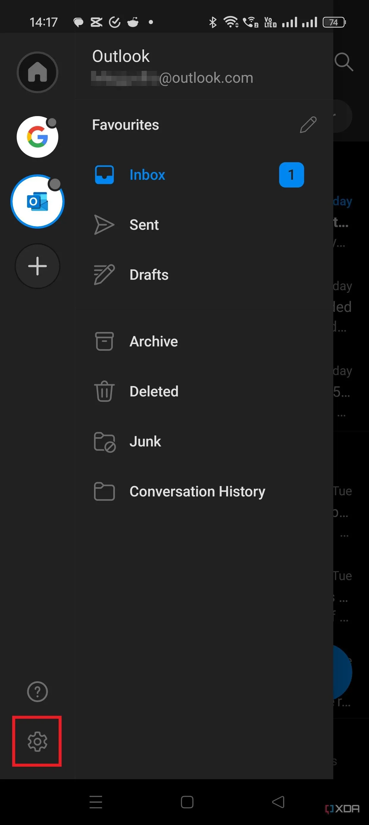 Menu bên ứng dụng Outlook trên điện thoại