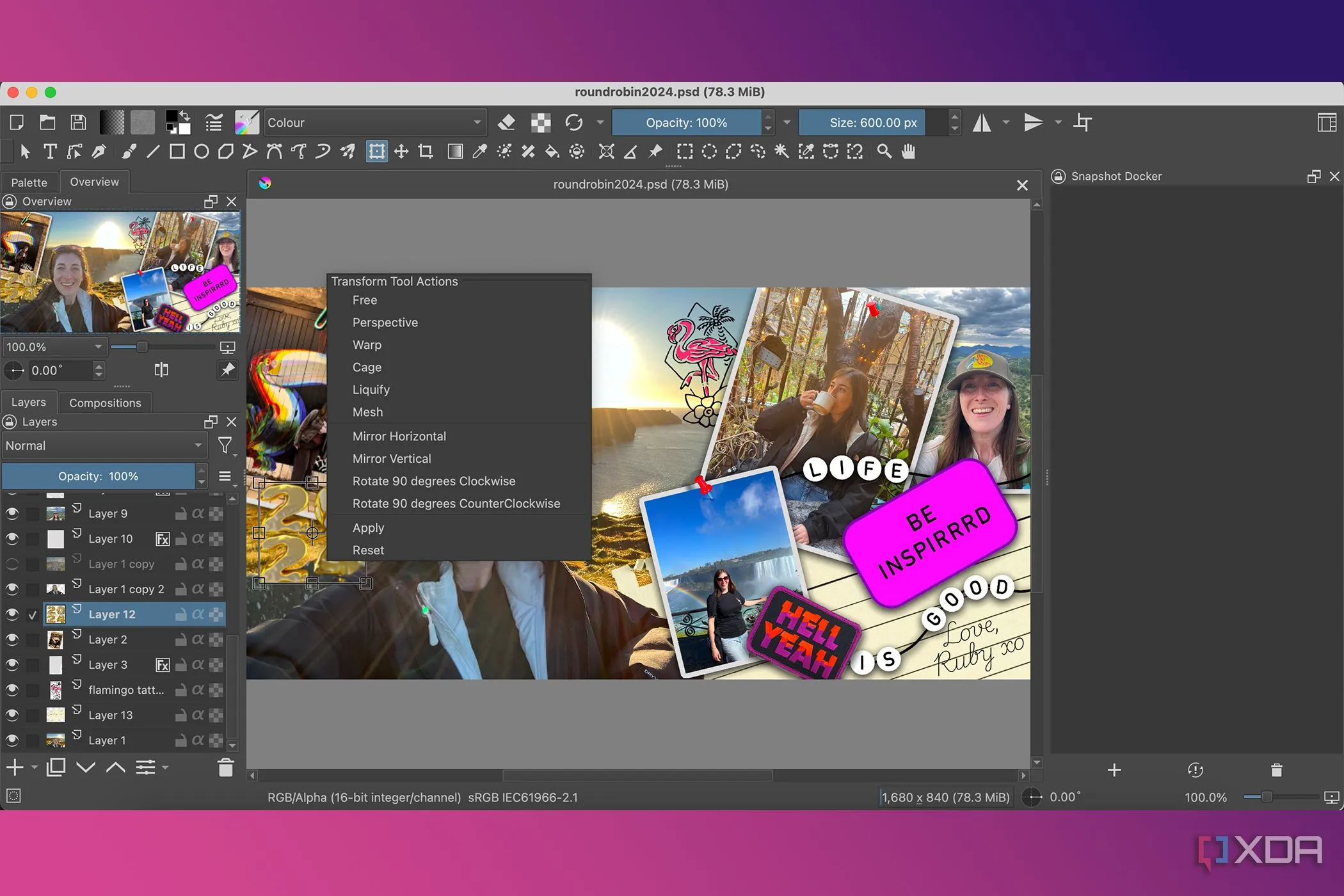 Menu cài đặt công cụ biến đổi (Transform Tool) của Krita với các tùy chọn thay đổi kích thước và hình dạng.