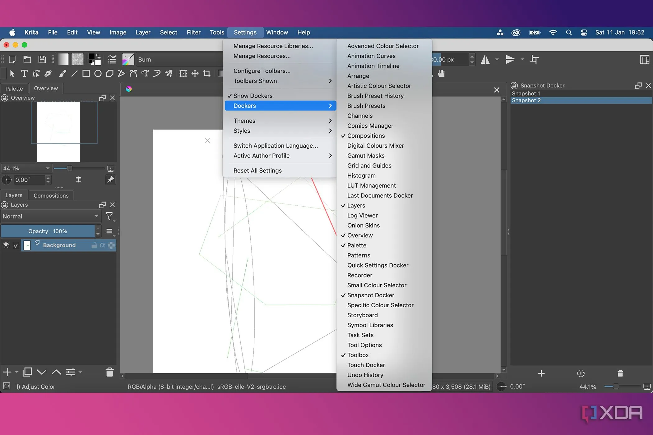 Menu cài đặt Docker trong Krita cho phép tùy chỉnh không gian làm việc.