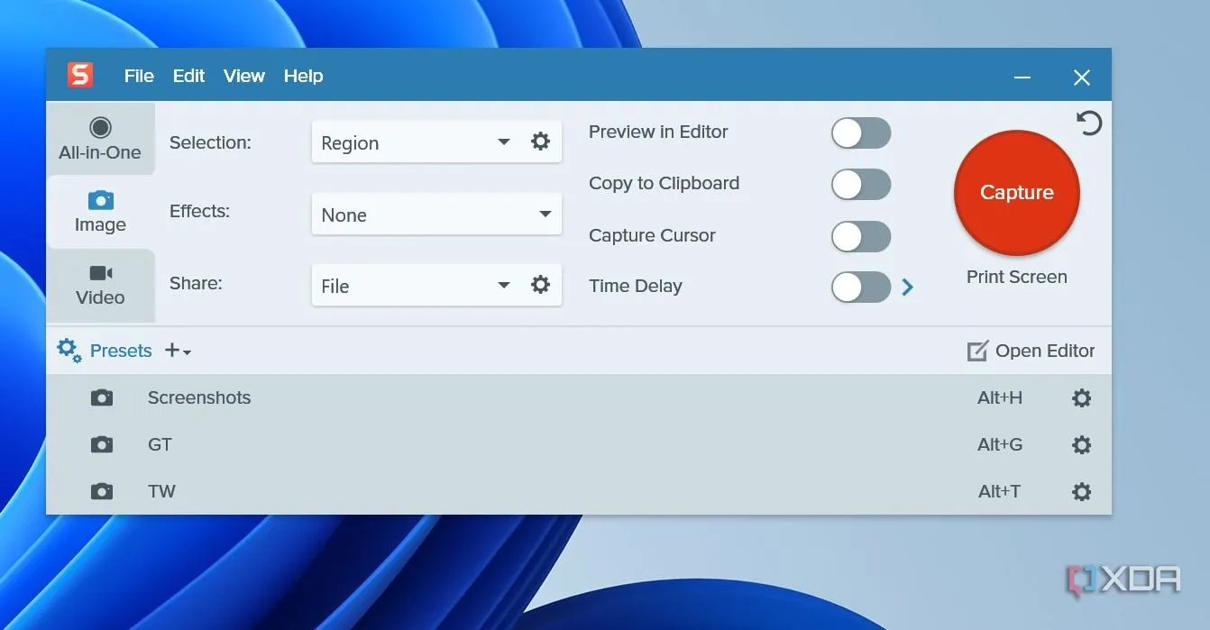 Menu cài đặt trước (Presets) của Snagit giúp tối ưu quy trình chụp