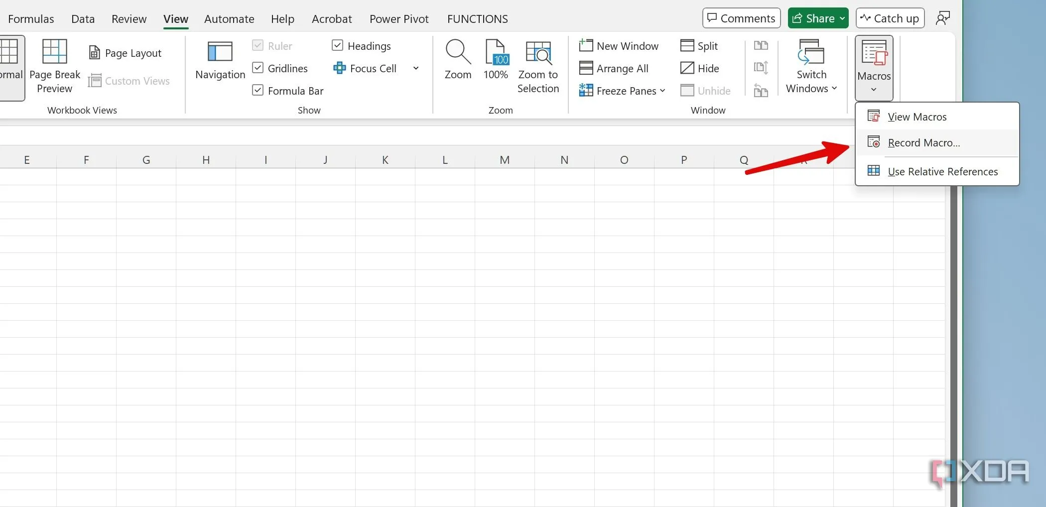 Menu ghi Macro trong Excel để tạo thông điệp ẩn