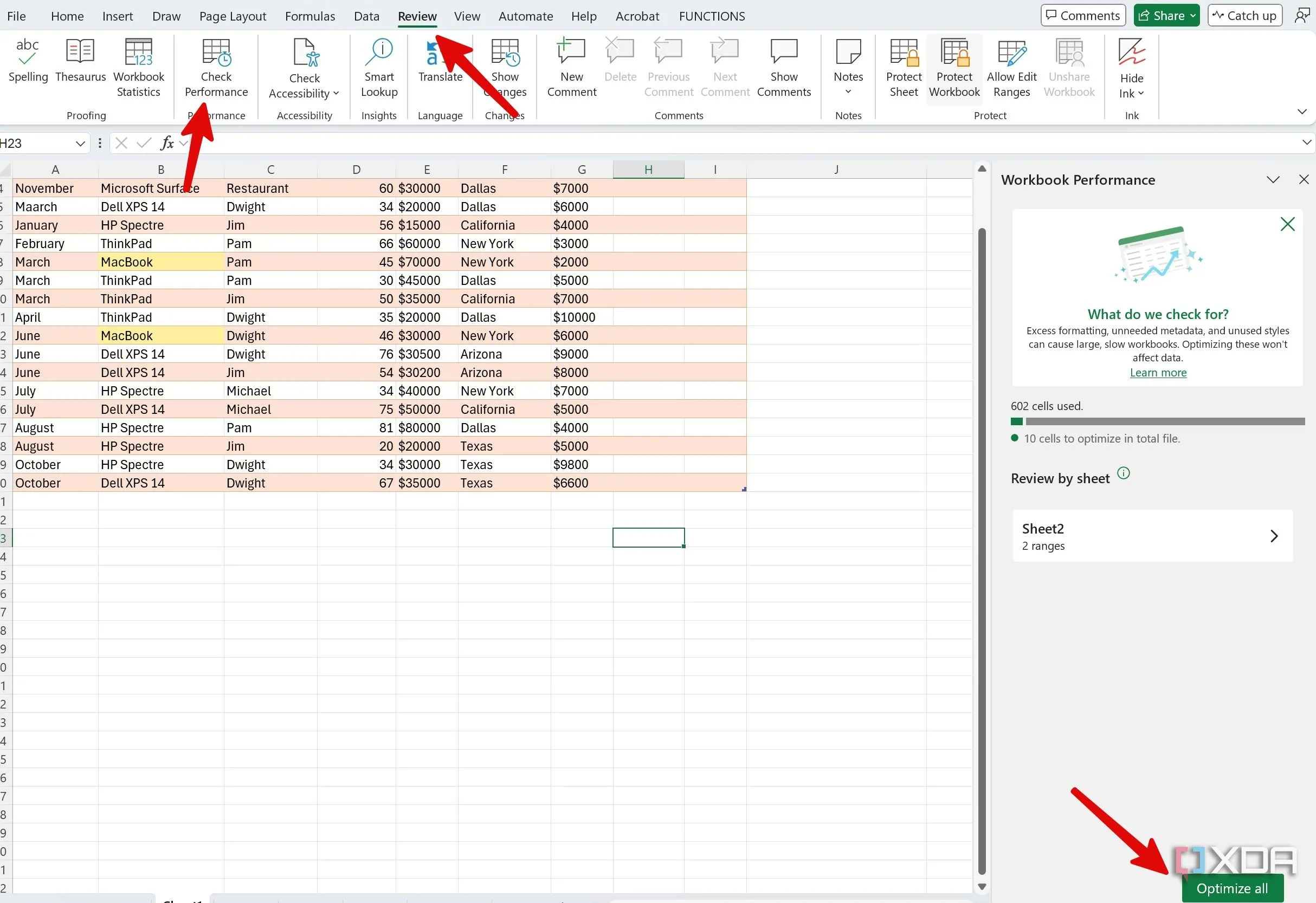 Menu Review (Xem lại) trong Excel với tùy chọn Check Performance (Kiểm tra Hiệu suất) được đánh dấu, cho phép tối ưu hóa và loại bỏ các thành phần ẩn không cần thiết trong bảng tính.