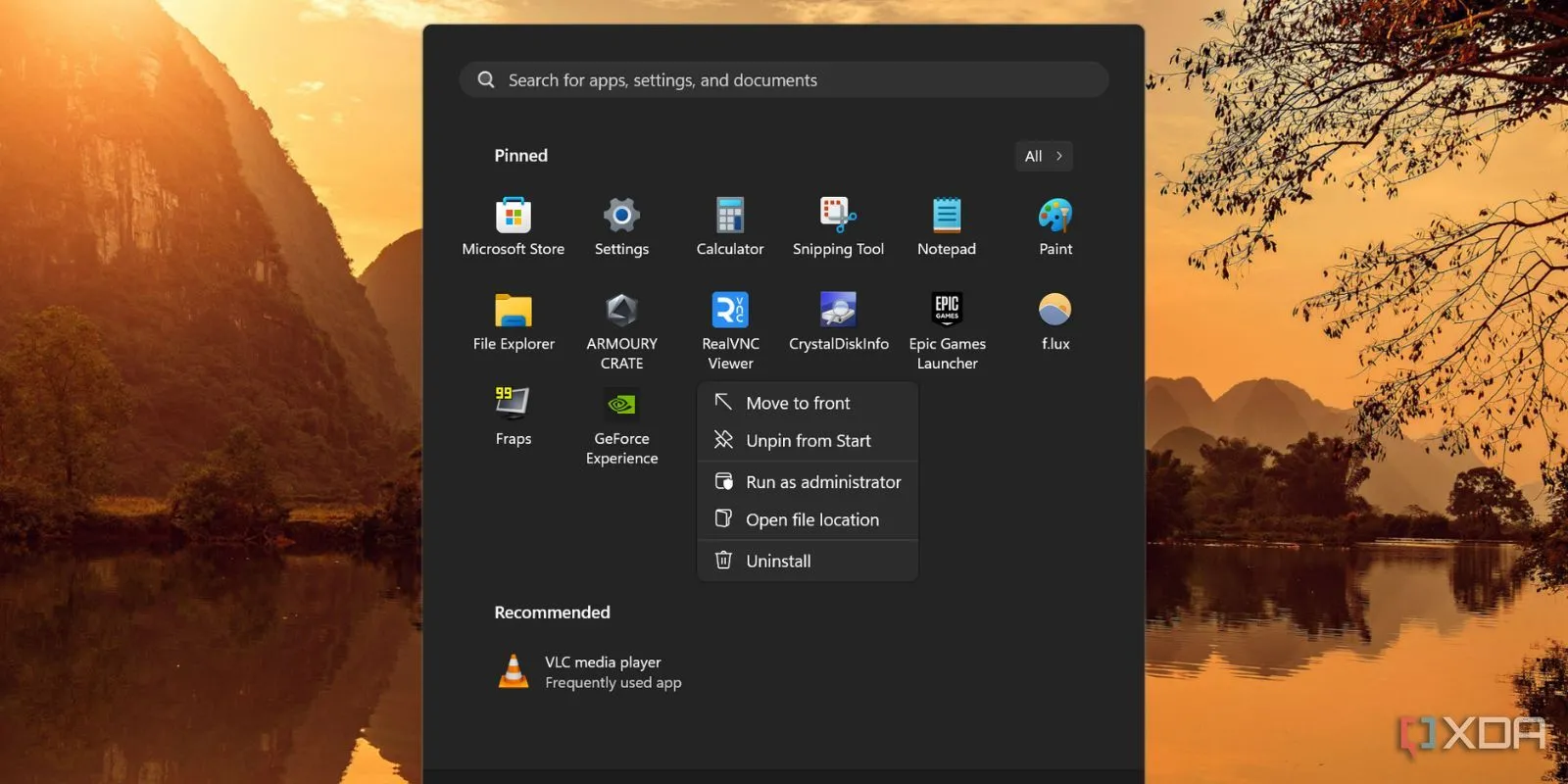 Menu Start Windows 11 với tùy chọn gỡ cài đặt ứng dụng từ bên thứ ba